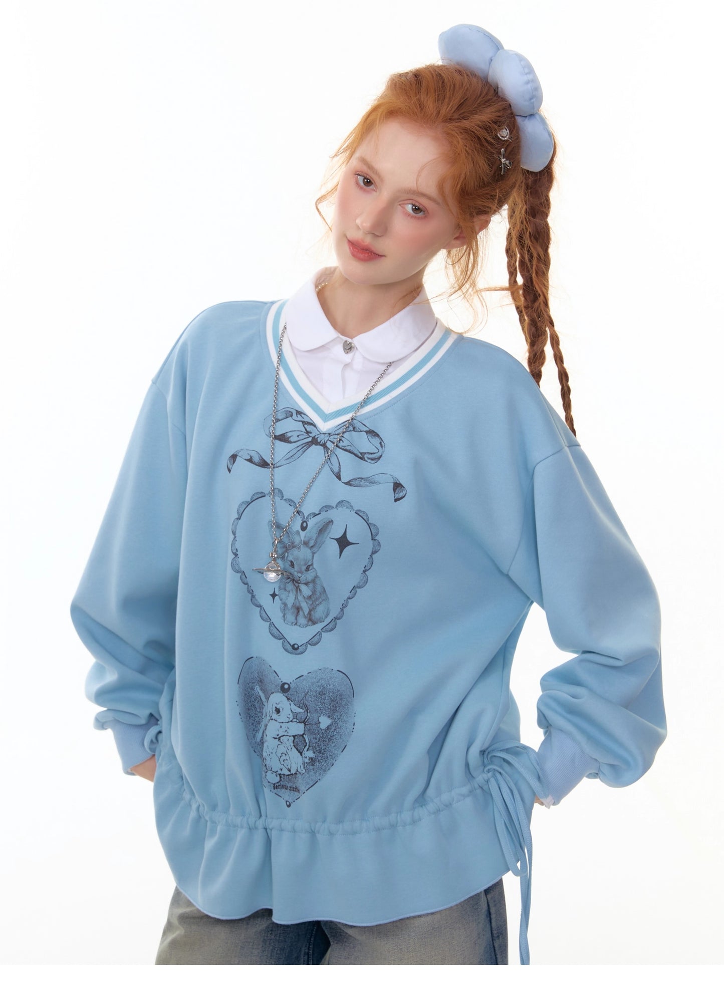 ZiziFei - Sweet Bunny Club V-Neck Sweatshirt – Ribbon & Drawstring Hem