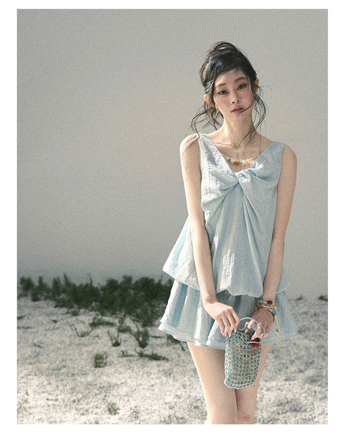 “Whispering Grass” Moonlight Blue Twist Mini Dress