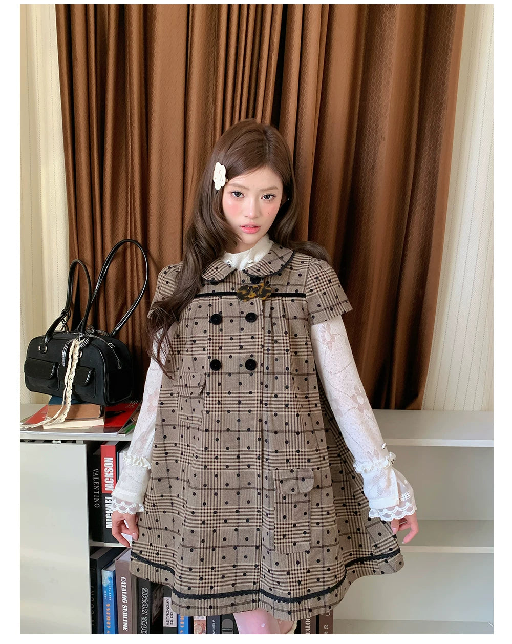 “Hazel Rococo Reverie” Khaki Plaid Polka Dot Dress