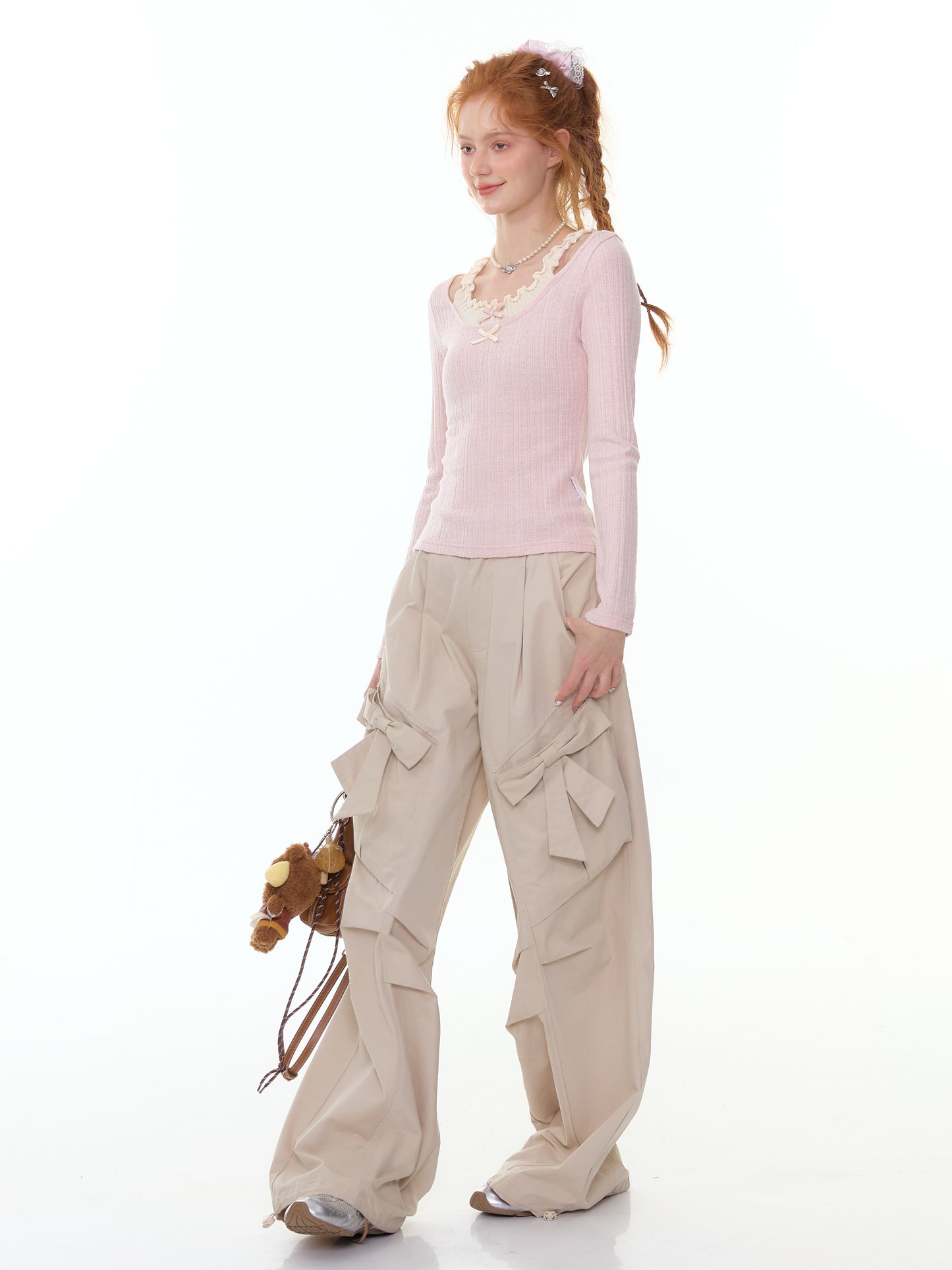 ZiziFei - Layered Bow Knit Top with Faux Two-Piece Ruffle Detail – Pink / Beige