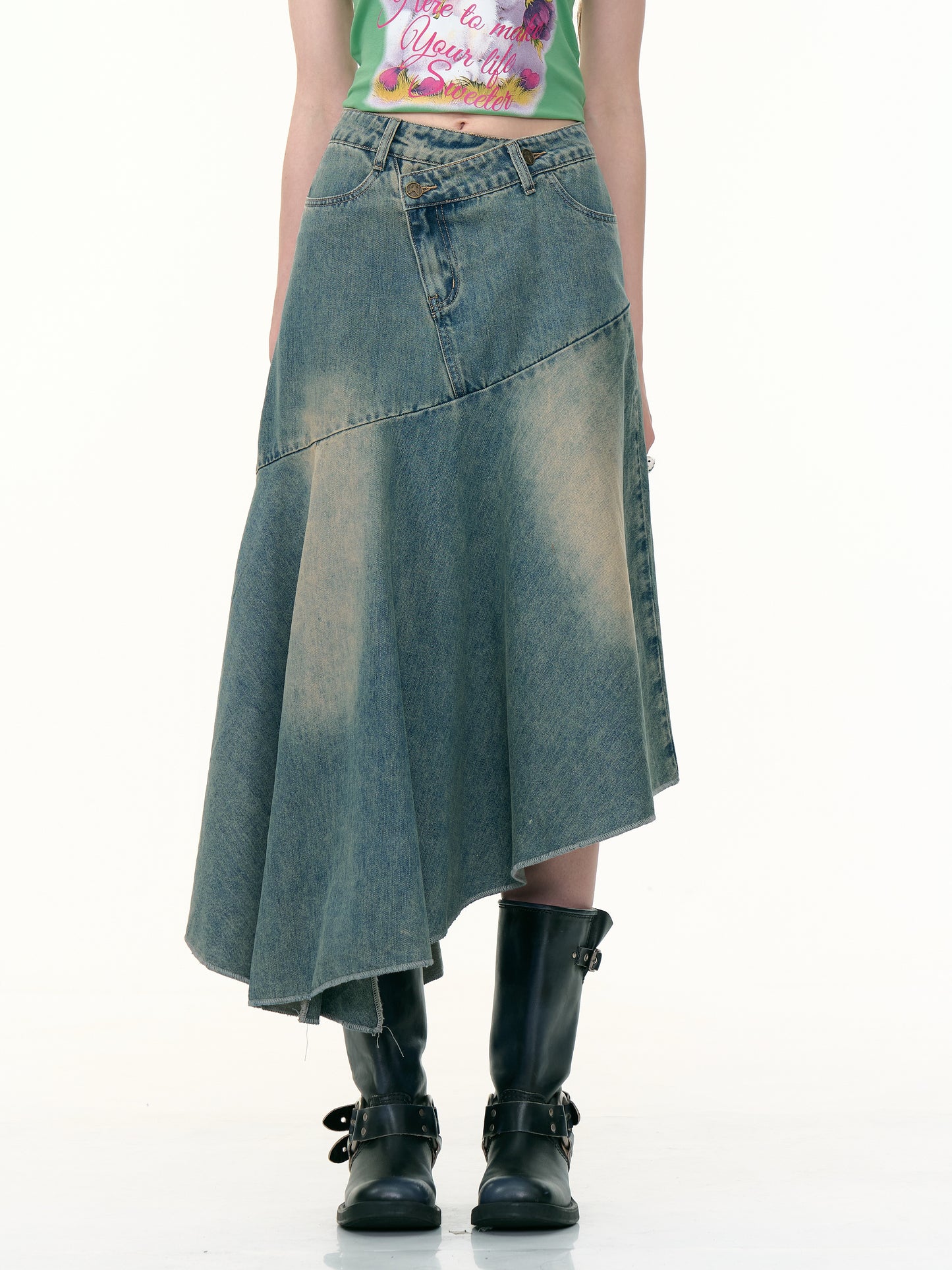 ZiziFei - Asymmetrical High-Waist Denim Skirt