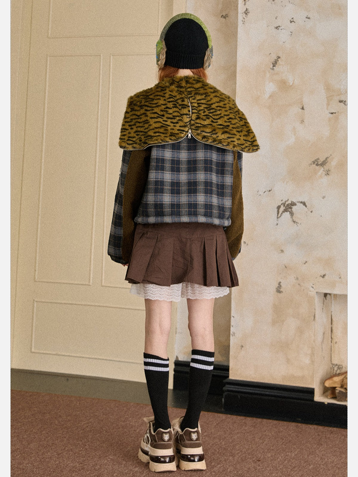 EZEK - Plaid Puffer Jacket with Detachable Leopard Hood