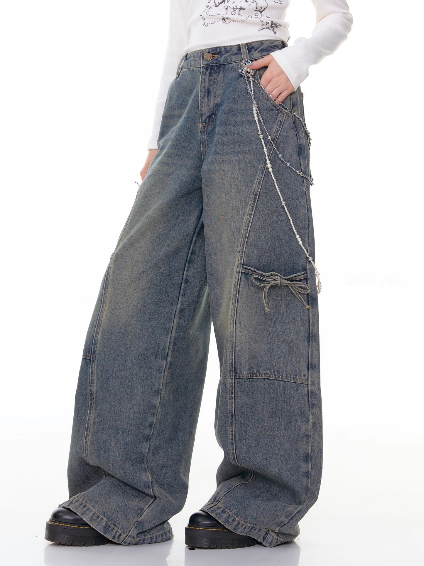 ZiziFei - Bow Detail Straight Leg Jeans – Relaxed Fit Panel Denim