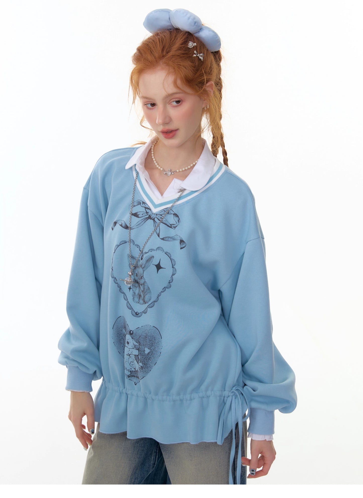 ZiziFei - Sweet Bunny Club V-Neck Sweatshirt – Ribbon & Drawstring Hem
