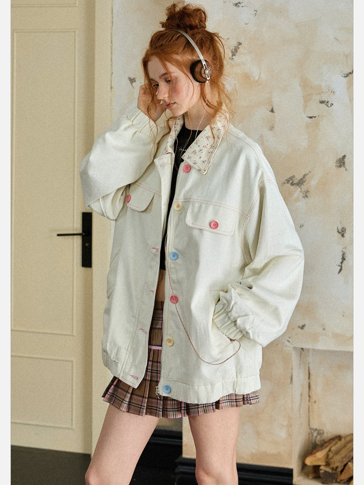 EZEK - Retro Floral Collar Oversized Denim Jacket