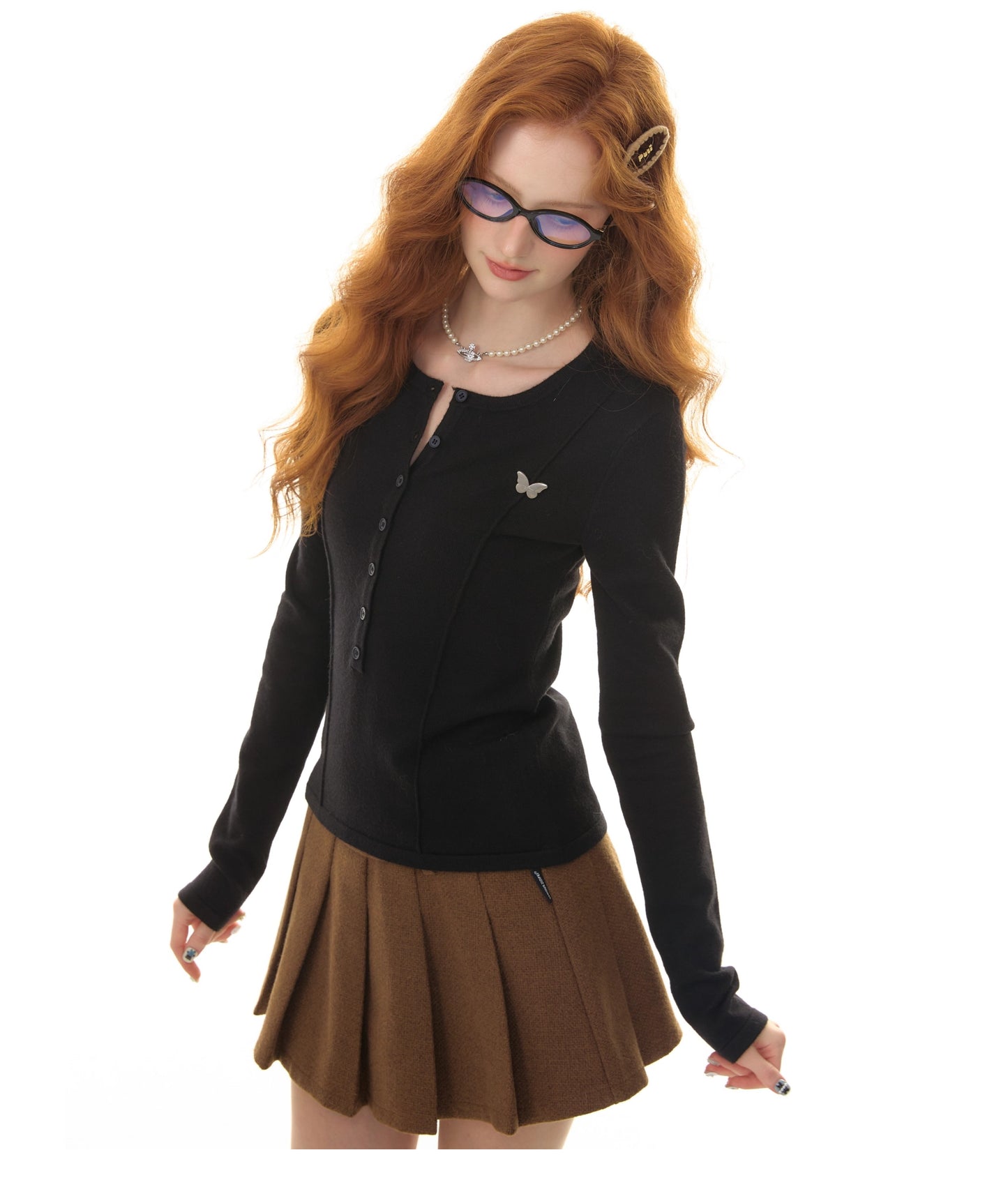 ZiziFei - 3D Ruched Knit Slim-Fit Long Sleeve Top – Butterfly Detail
