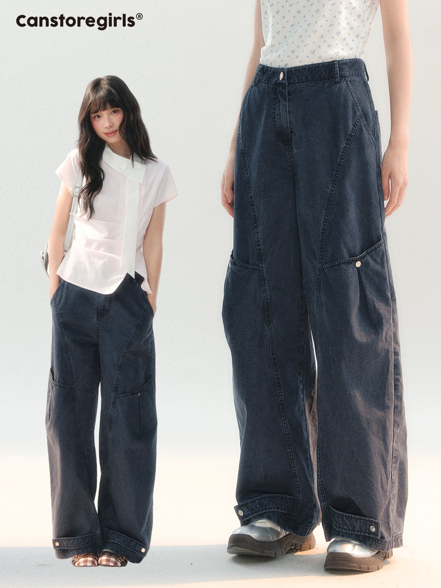 170726C "Tomorrow's Star" Dark Indigo Studded Wide-Leg Denim Jeans