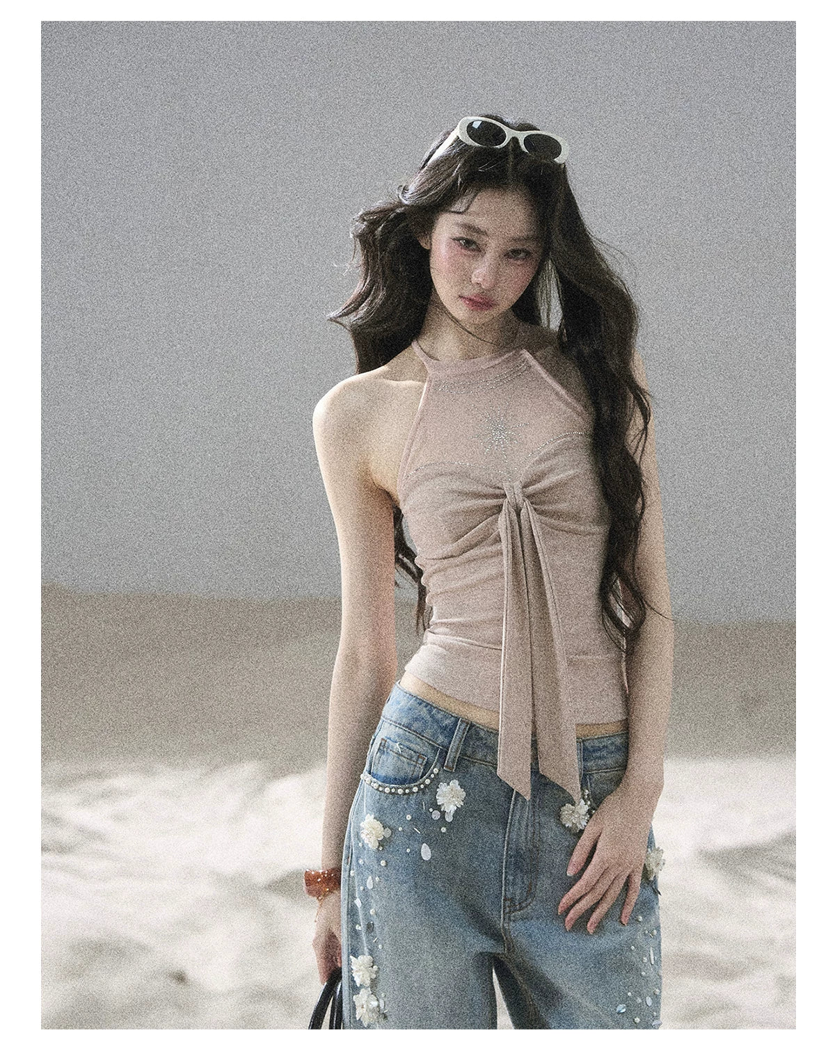 "Galaxy in Your Eyes" Milk Tea Halter Mesh Knit Top