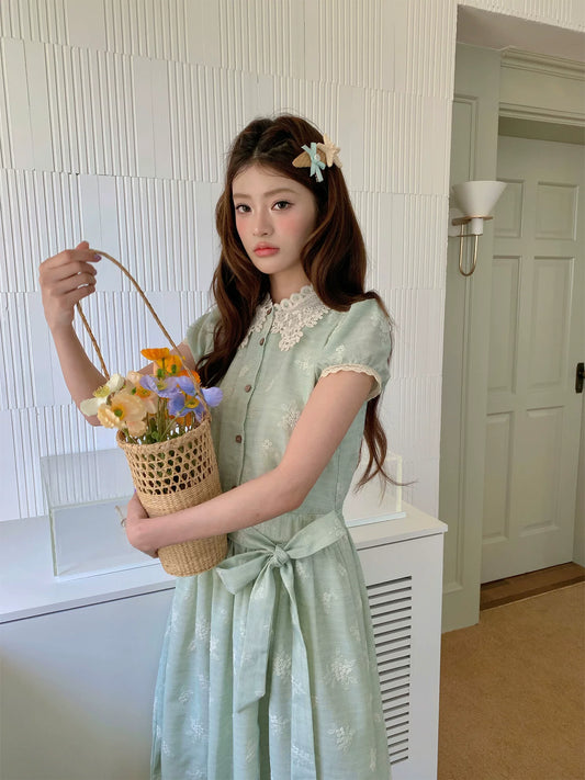 “Sage Meadow Reverie” Sage Green Embroidered Shirt Dress