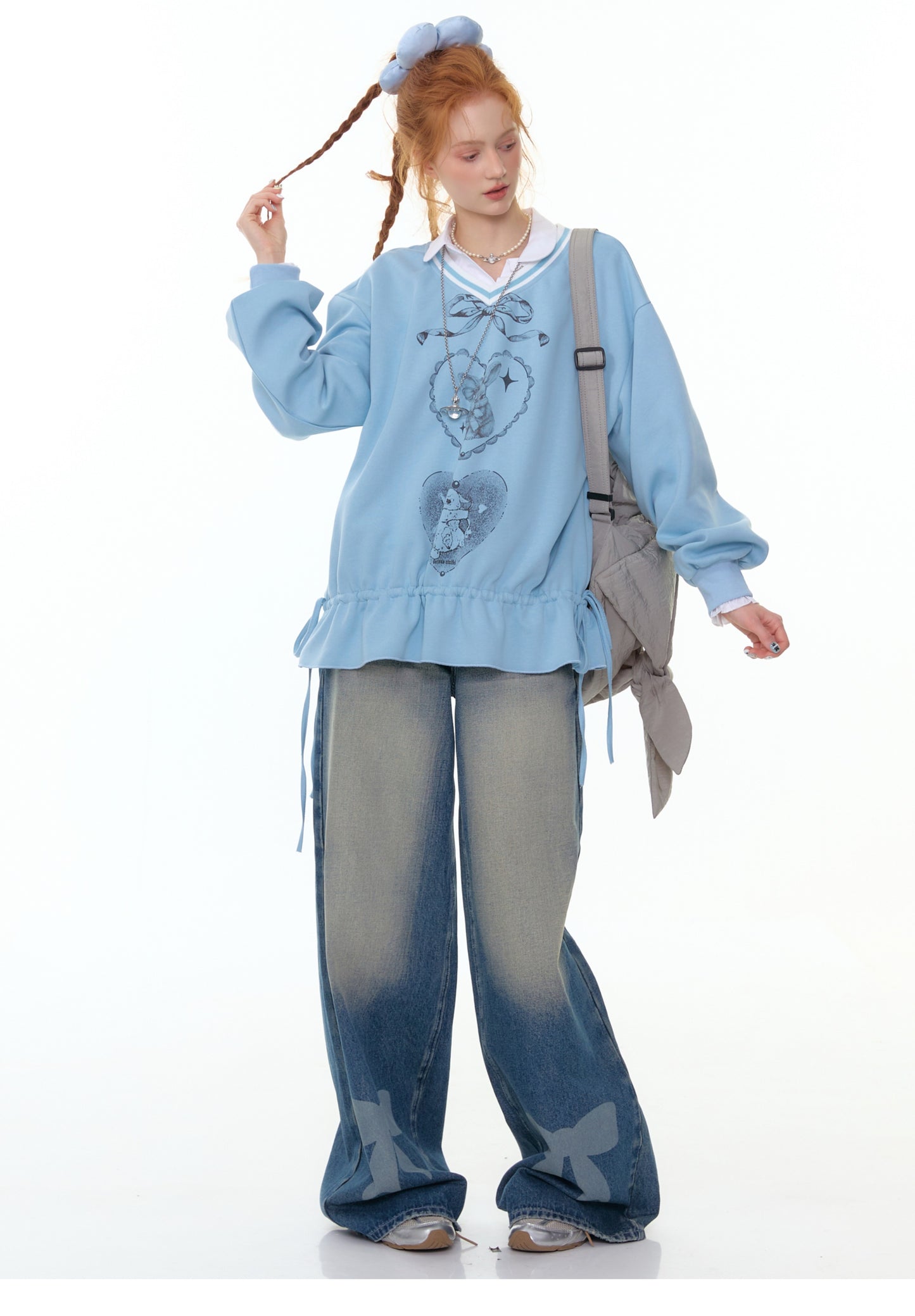 ZiziFei - Sweet Bunny Club V-Neck Sweatshirt – Ribbon & Drawstring Hem