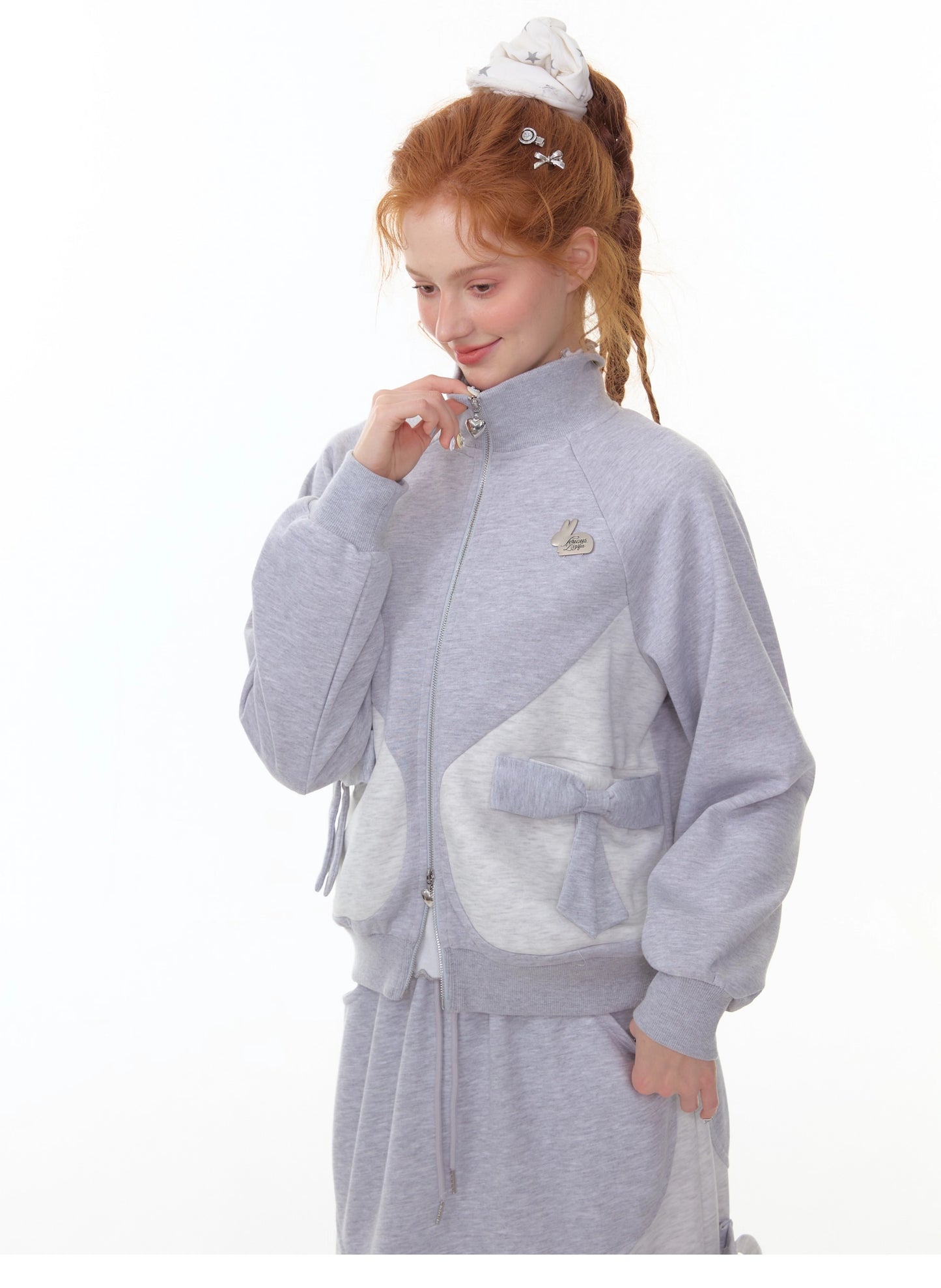 ZiziFei - Light Grey Zip-Up Bow Jacket – Soft Girl Athleisure