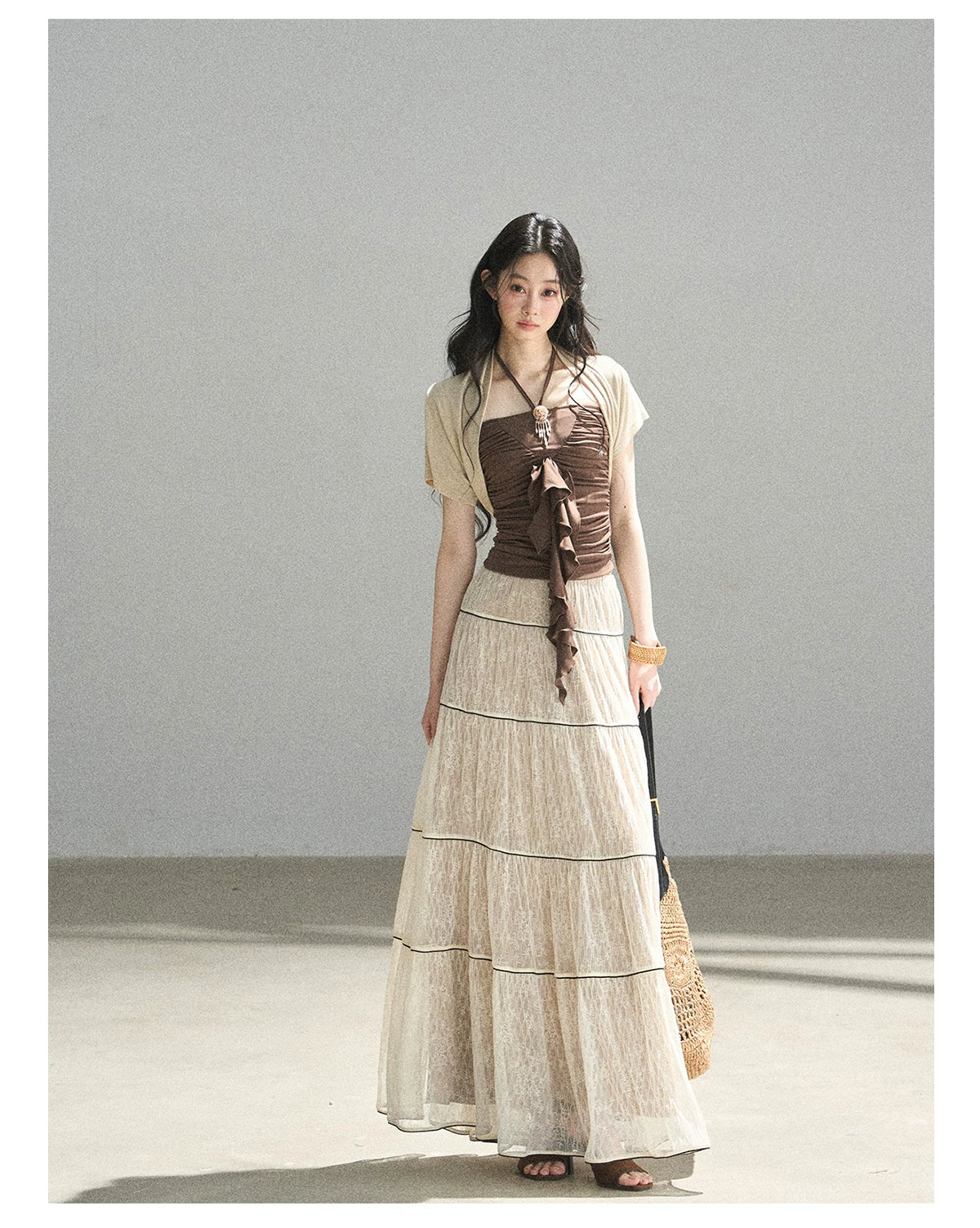 "In the Evening Breeze" Chestnut Brown Halter Ruched Top & Milk Tea Shrug Set