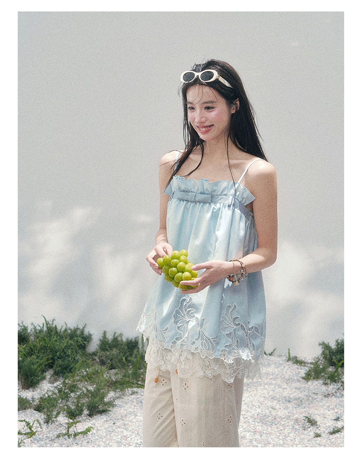 “Bouquet Summer” Glacier Blue Lace Babydoll Top