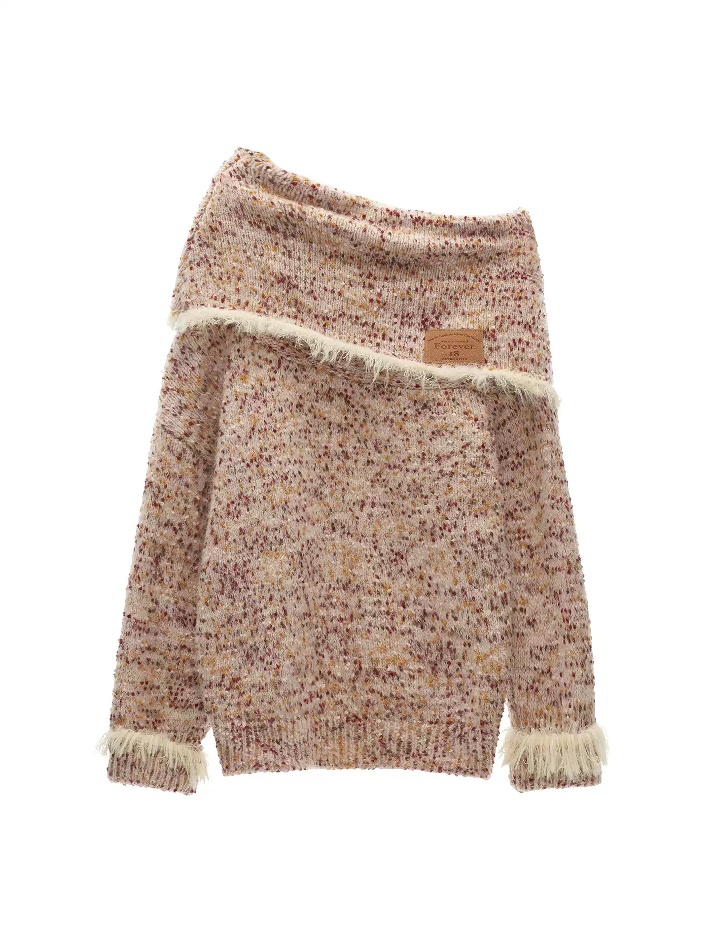 MAMC - Beige Slouchy Textured Off-Shoulder Turtleneck Sweater WE897