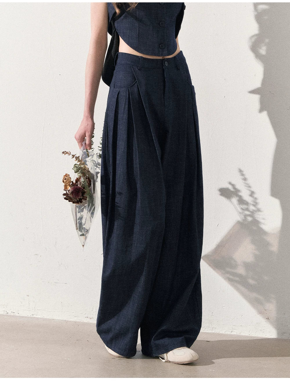 "Season of Ease" Vintage Navy Faux Denim Vest & Wide-Leg Pants Set