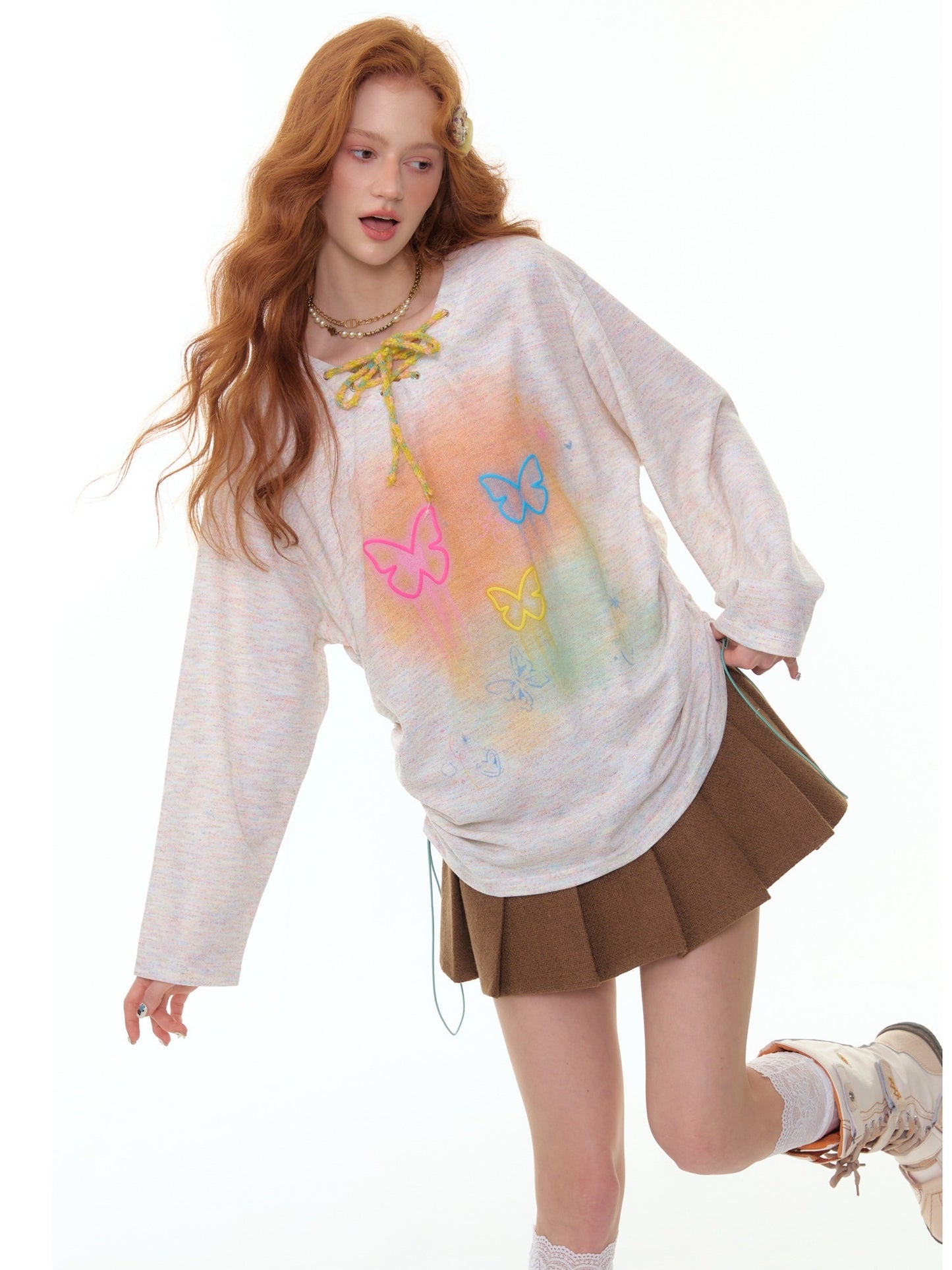 ZiziFei - Y2K Butterfly Knit Top – Rainbow Lace-Up Pullover with Heart Toggle