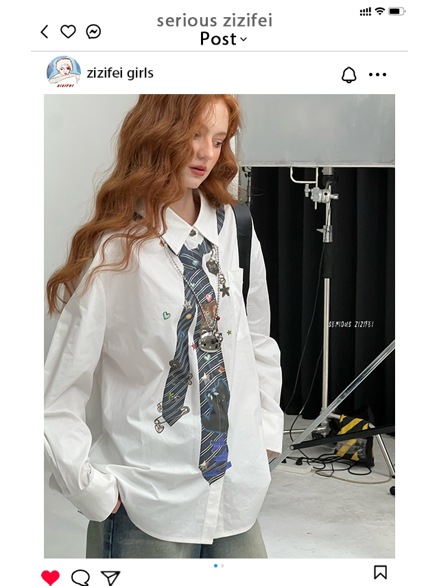 ZiziFei - White Oversized Shirt with Printed Tie Detail