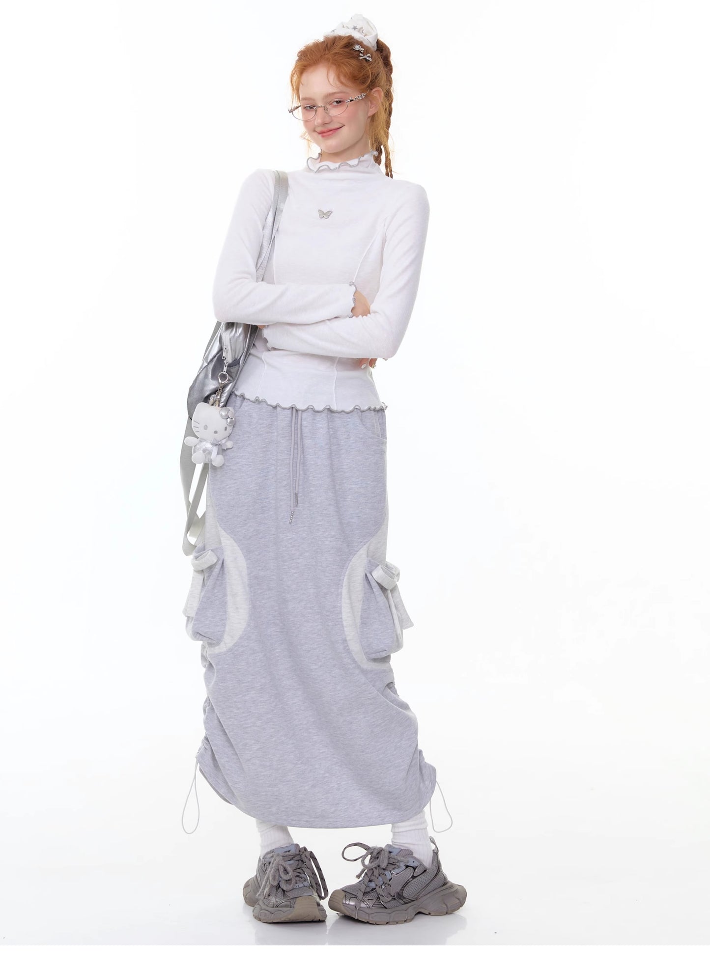 ZiziFei - White Sheer Ruffled Mock Neck Base Layer Top with Butterfly Accent