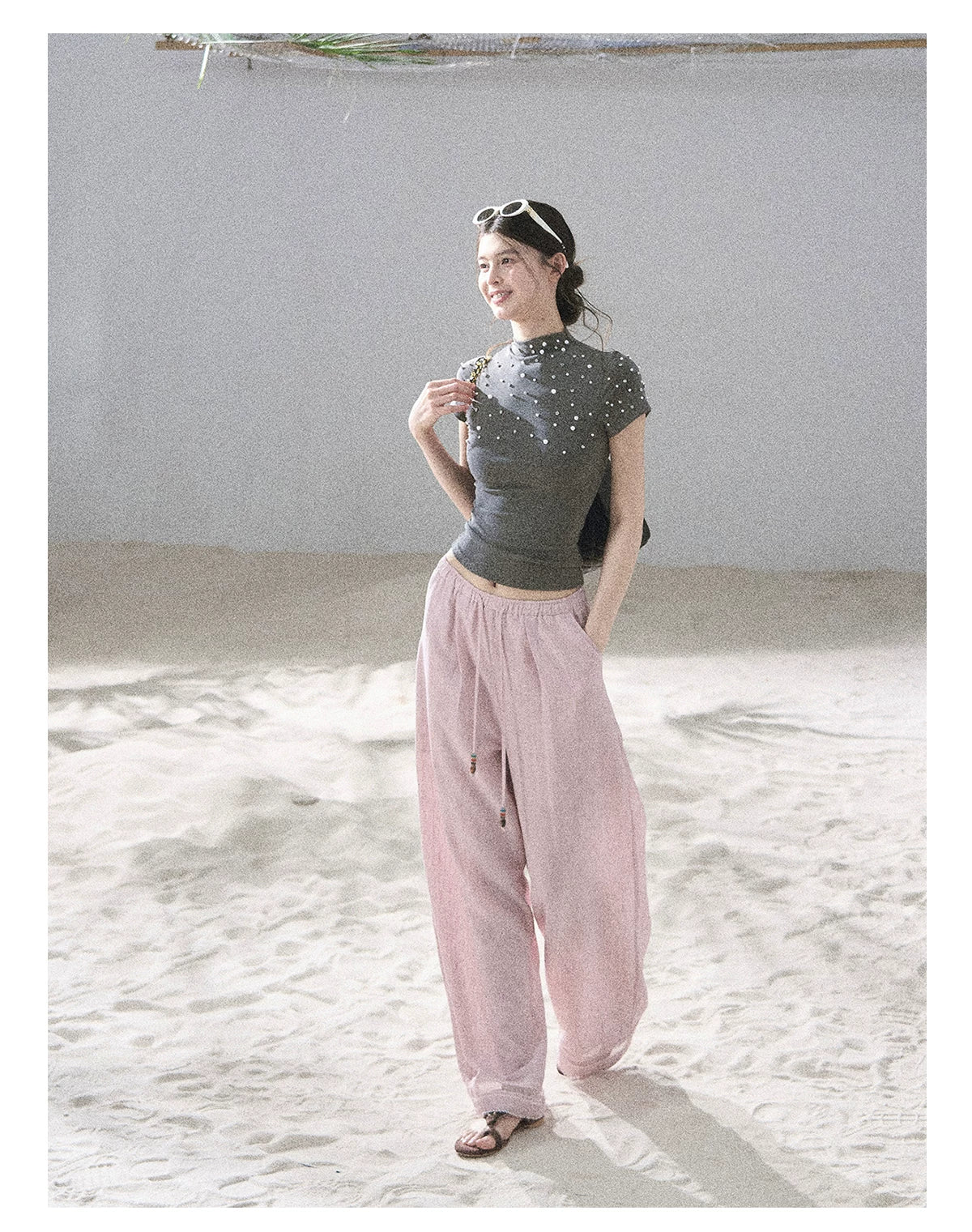 "Scattered Across the Milky Way" Pearl Beaded Knit T-Shirt (Haze Blue/ Sage Gray)