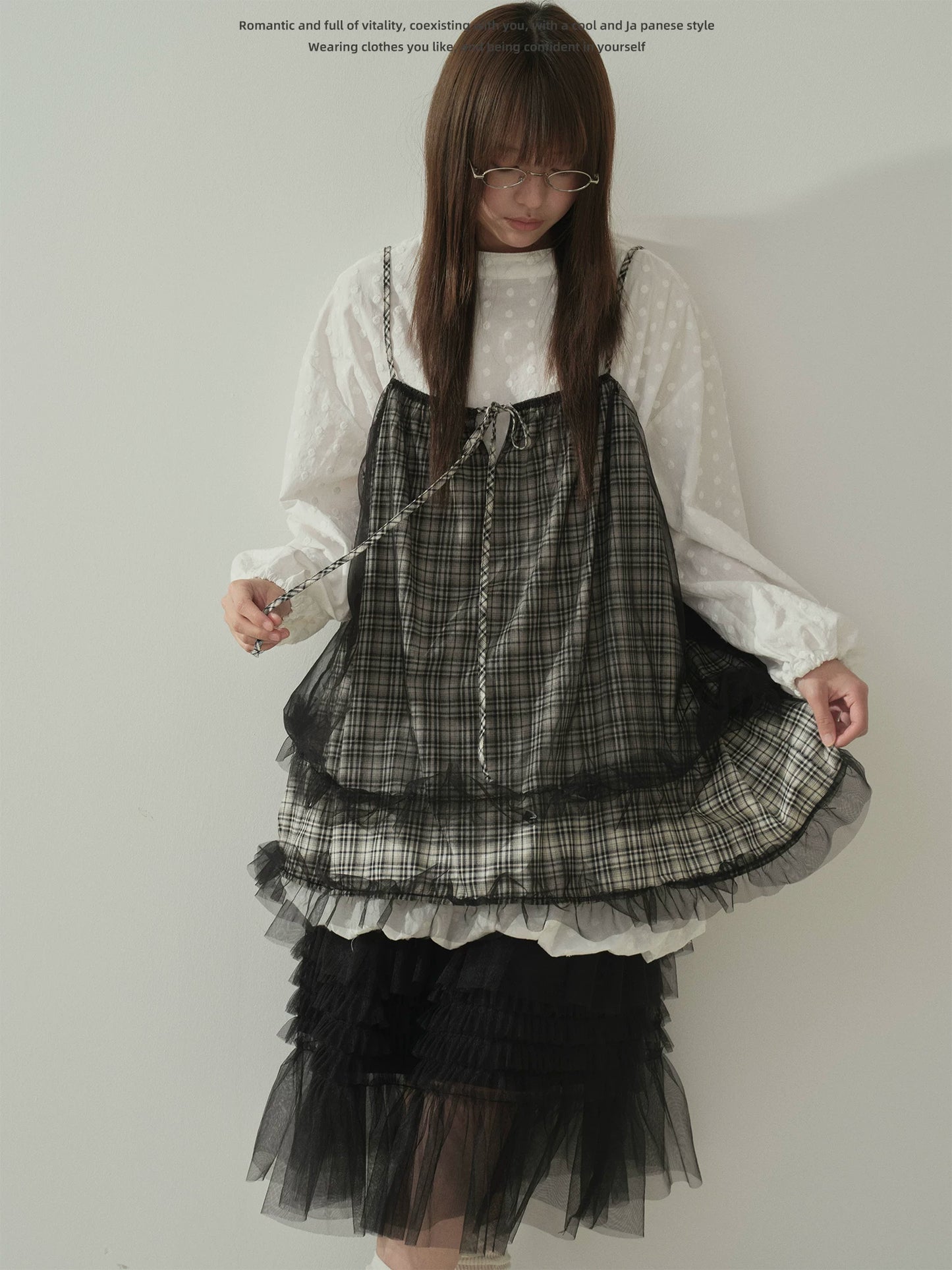 "Layered Breeze" Black & White Plaid Mesh Layering Cami Top
