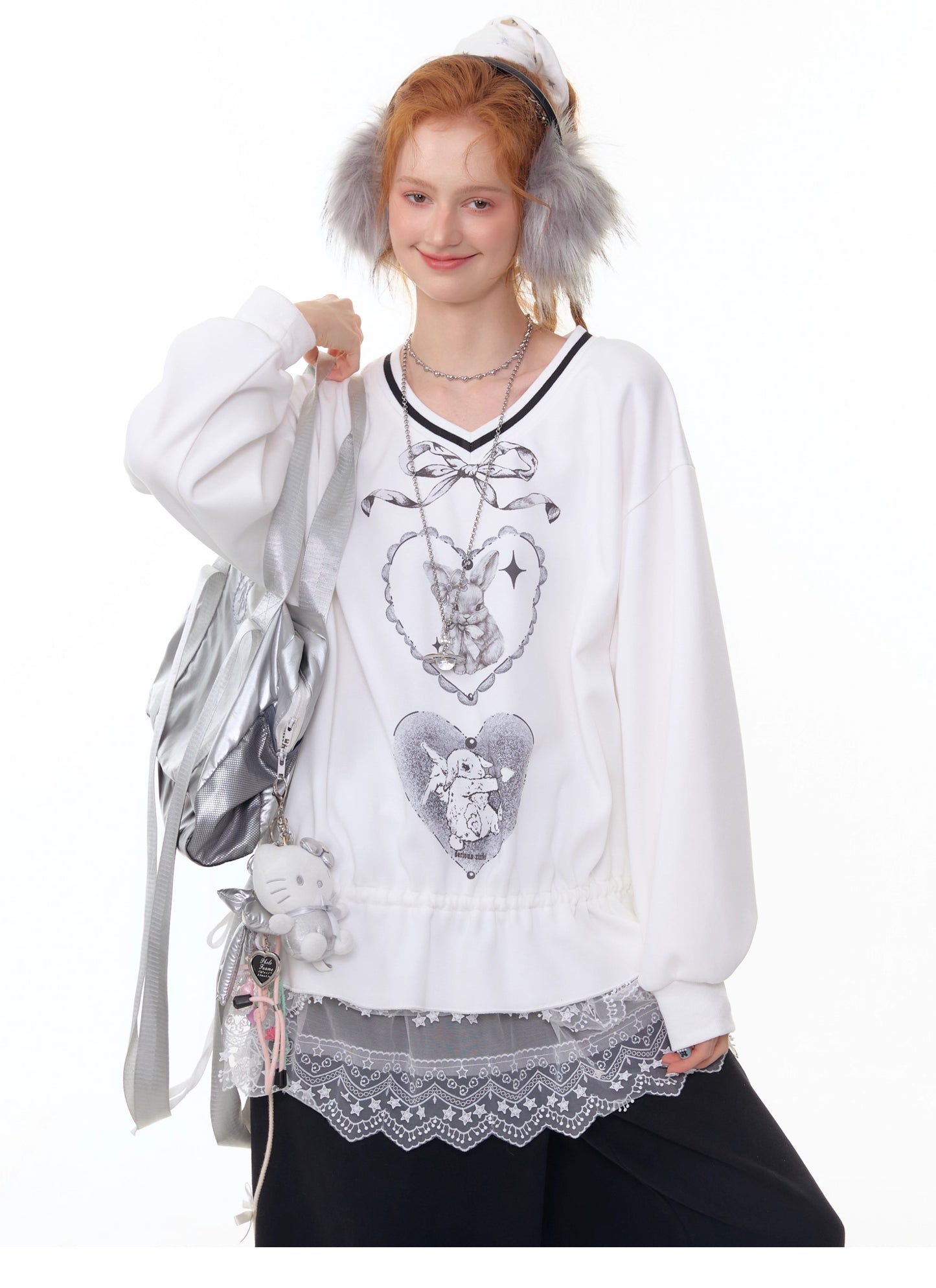ZiziFei - Sweet Bunny Club V-Neck Sweatshirt – Ribbon & Drawstring Hem