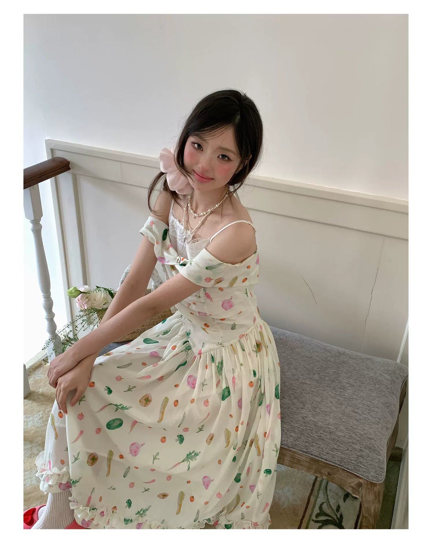 “Verdant Orchard Reverie” Beige Fruit Print Off-Shoulder Dress