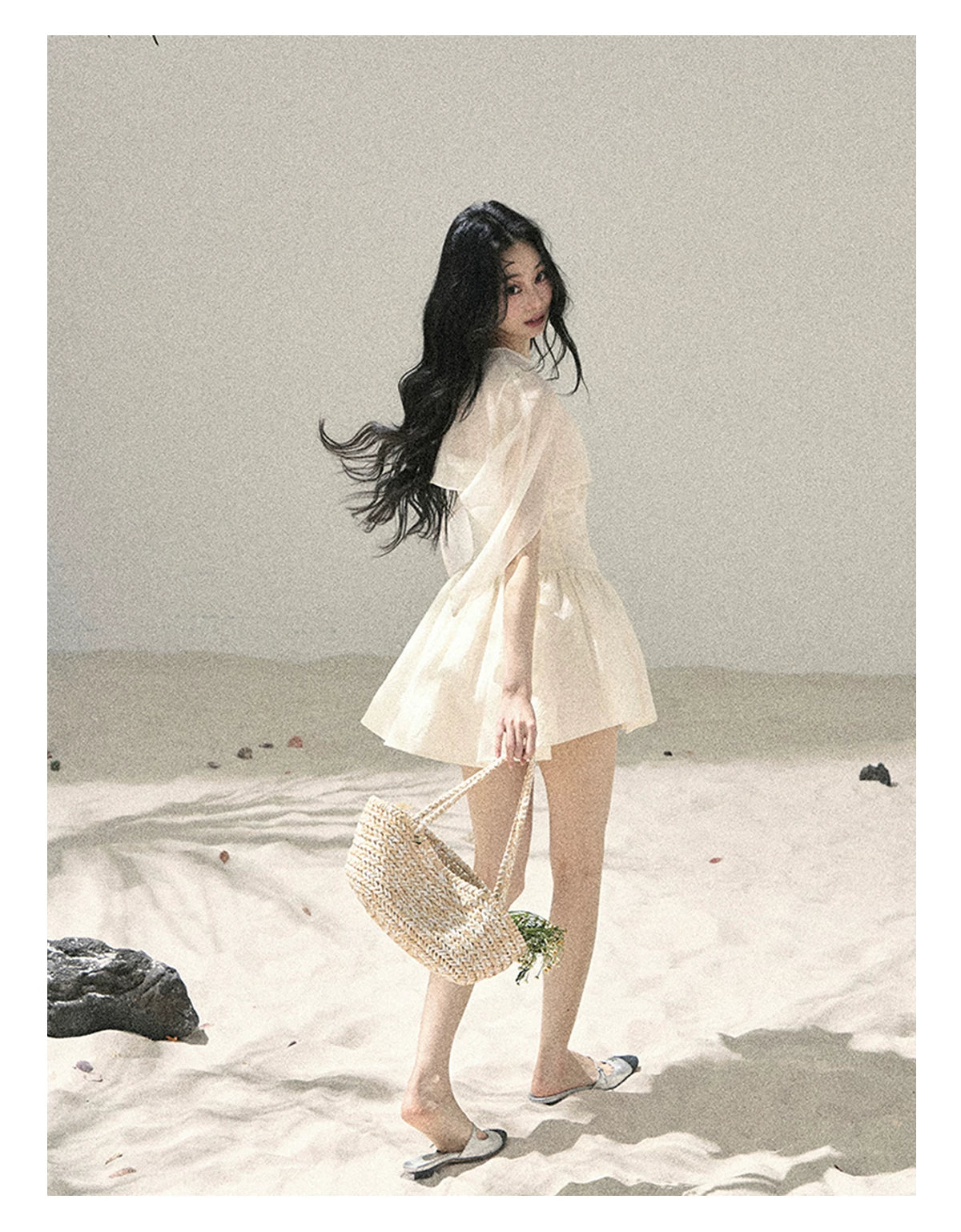 "Veiled in Mist" Cream Apricot Puff Mini Dress & Chiffon Shawl Set 5348