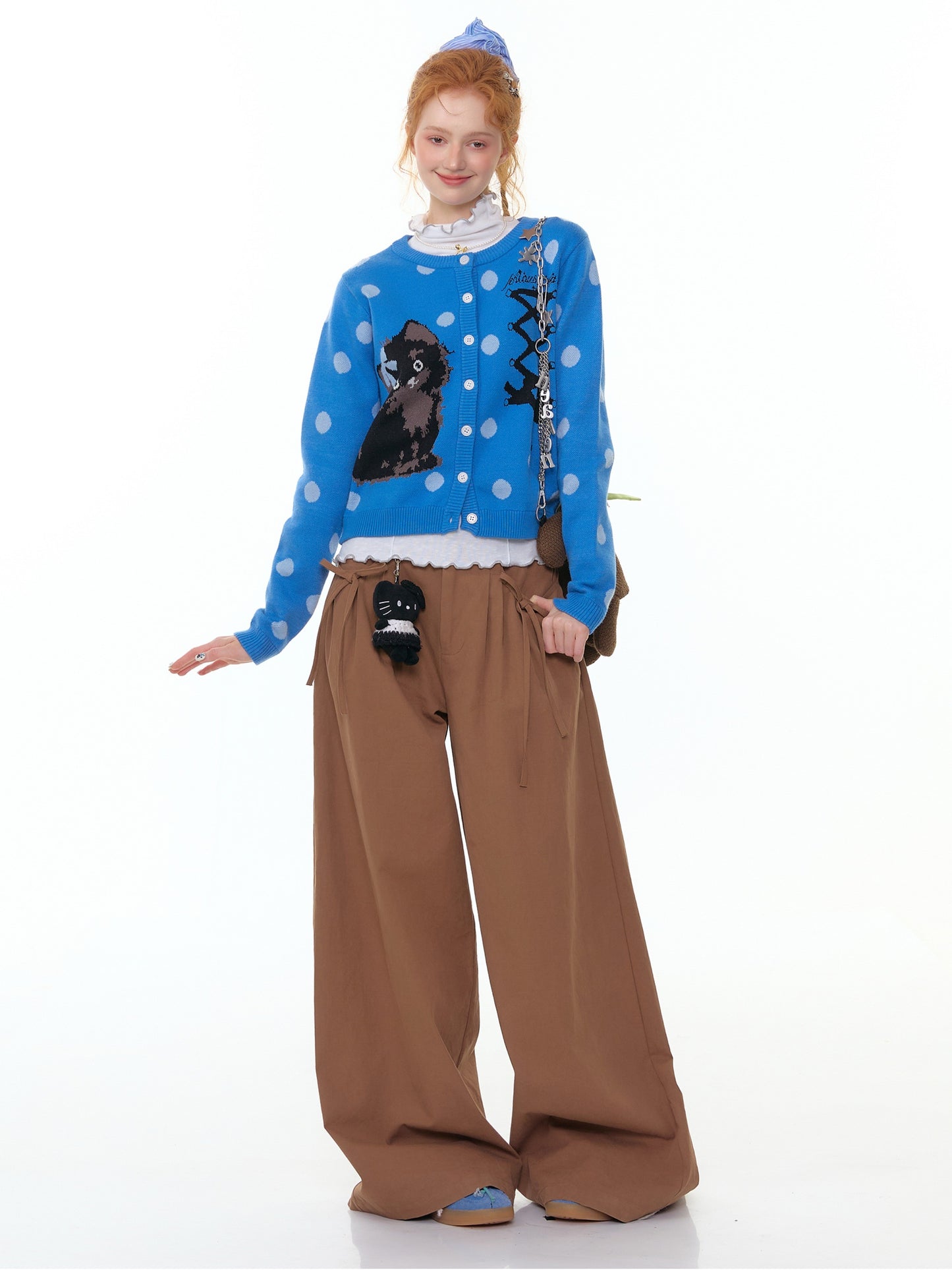 ZiziFei - Sweet Kitty Polka Dot Knit Cardigan – Faux Ribbon Lace-Up