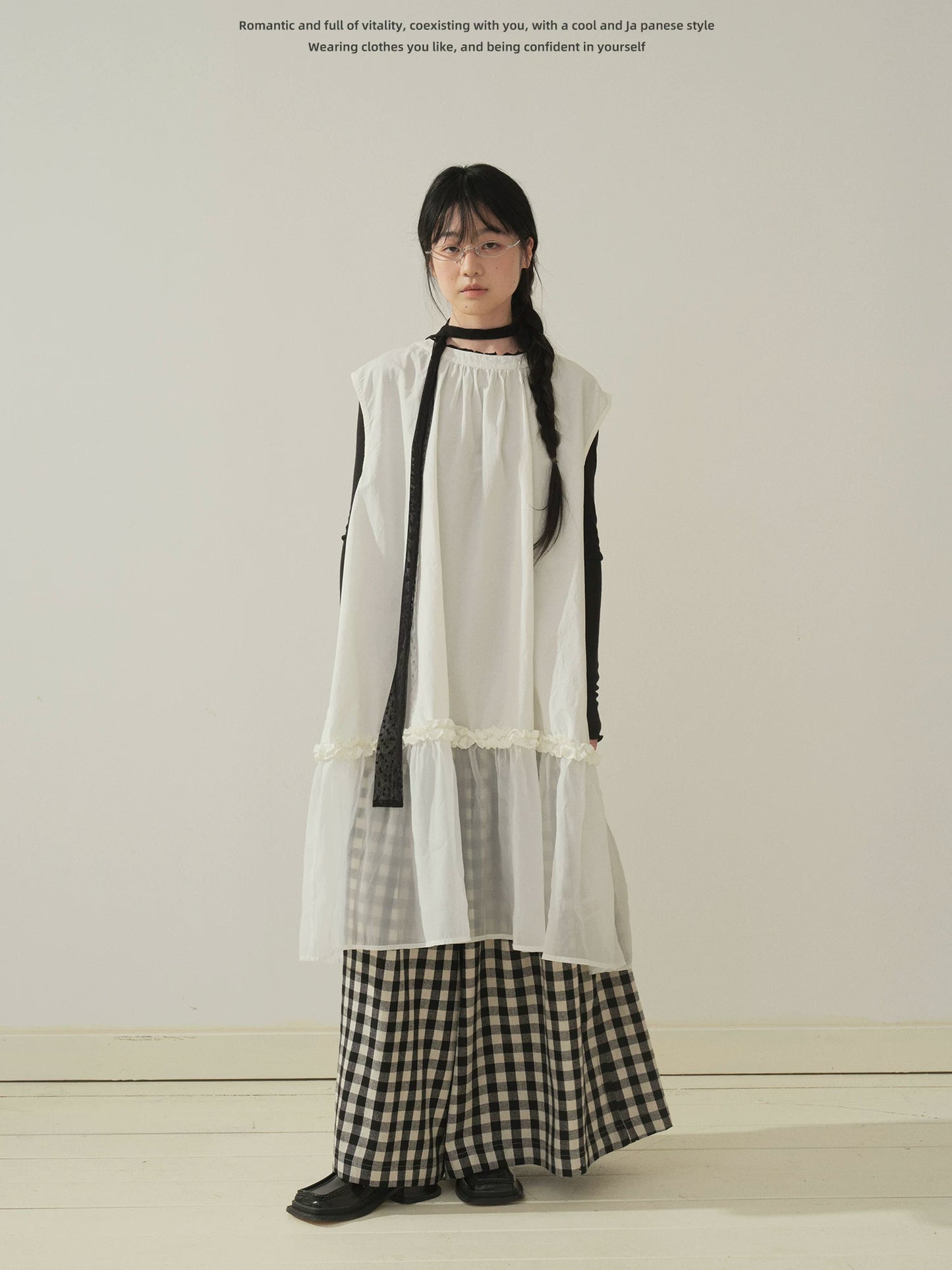 "Quiet Check" Plaid Wide Leg Trousers (Black & White Plaid)