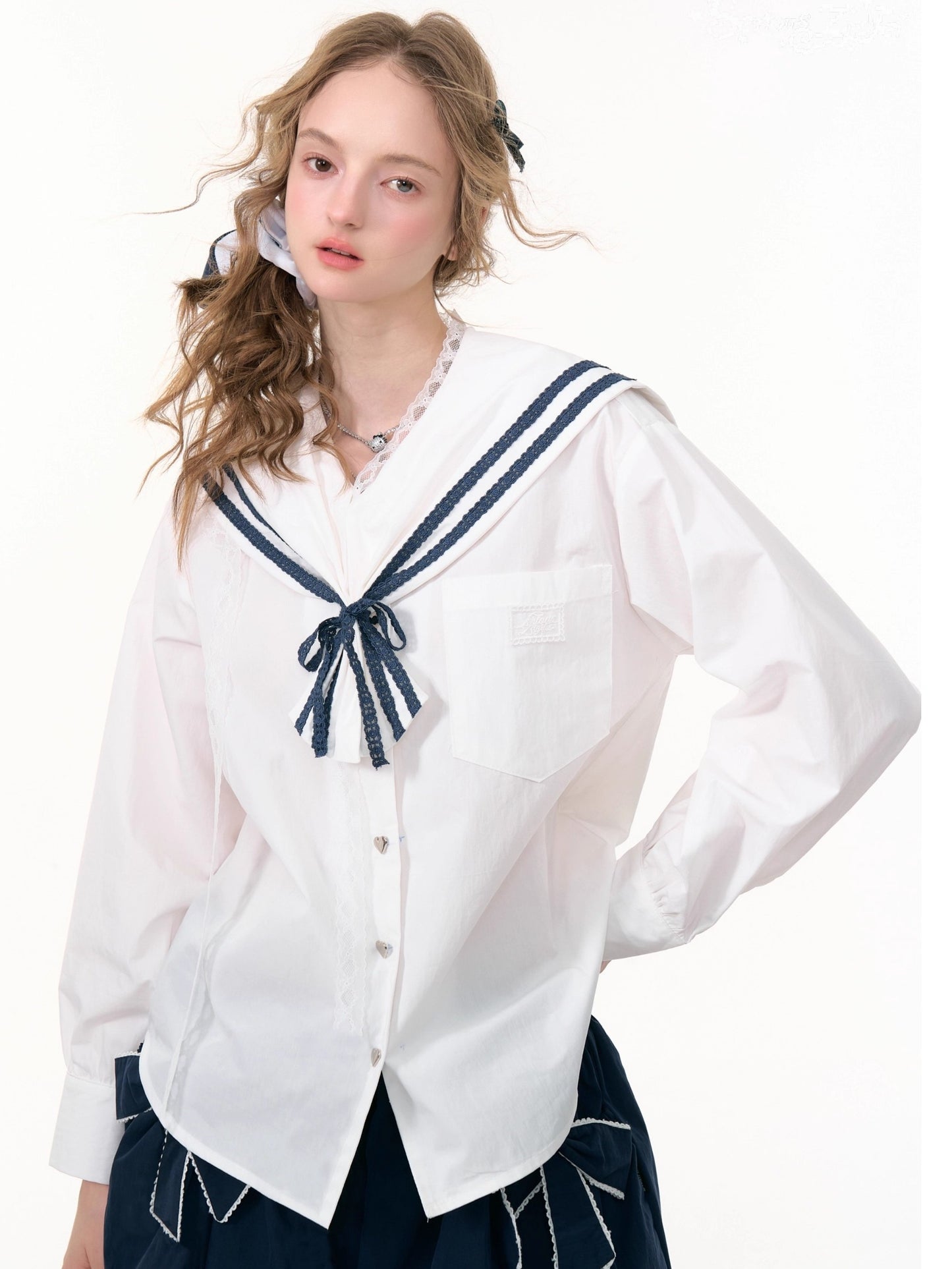 ZiziFei - Navy Collar Lace-Trimmed Long Sleeve Blouse