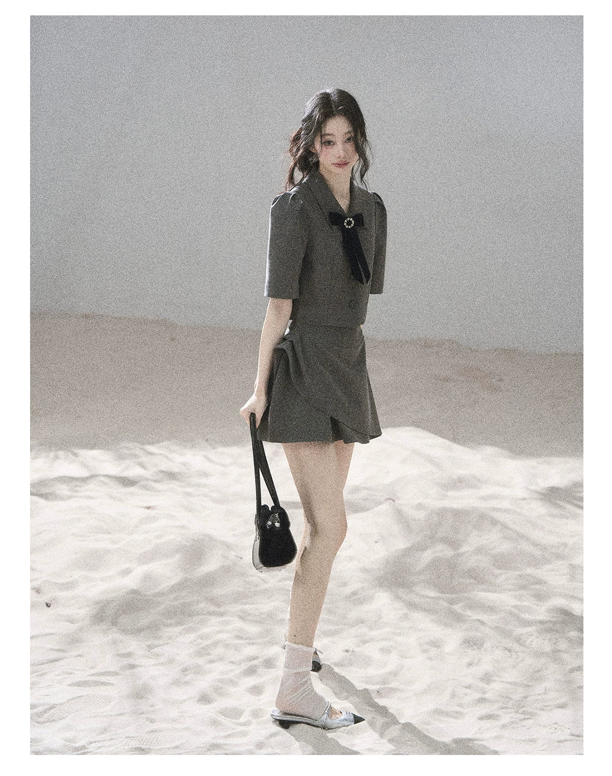 "Paris Afternoon" Slate Gray Bow Top & A-Line Mini Skirt Two-Piece Set