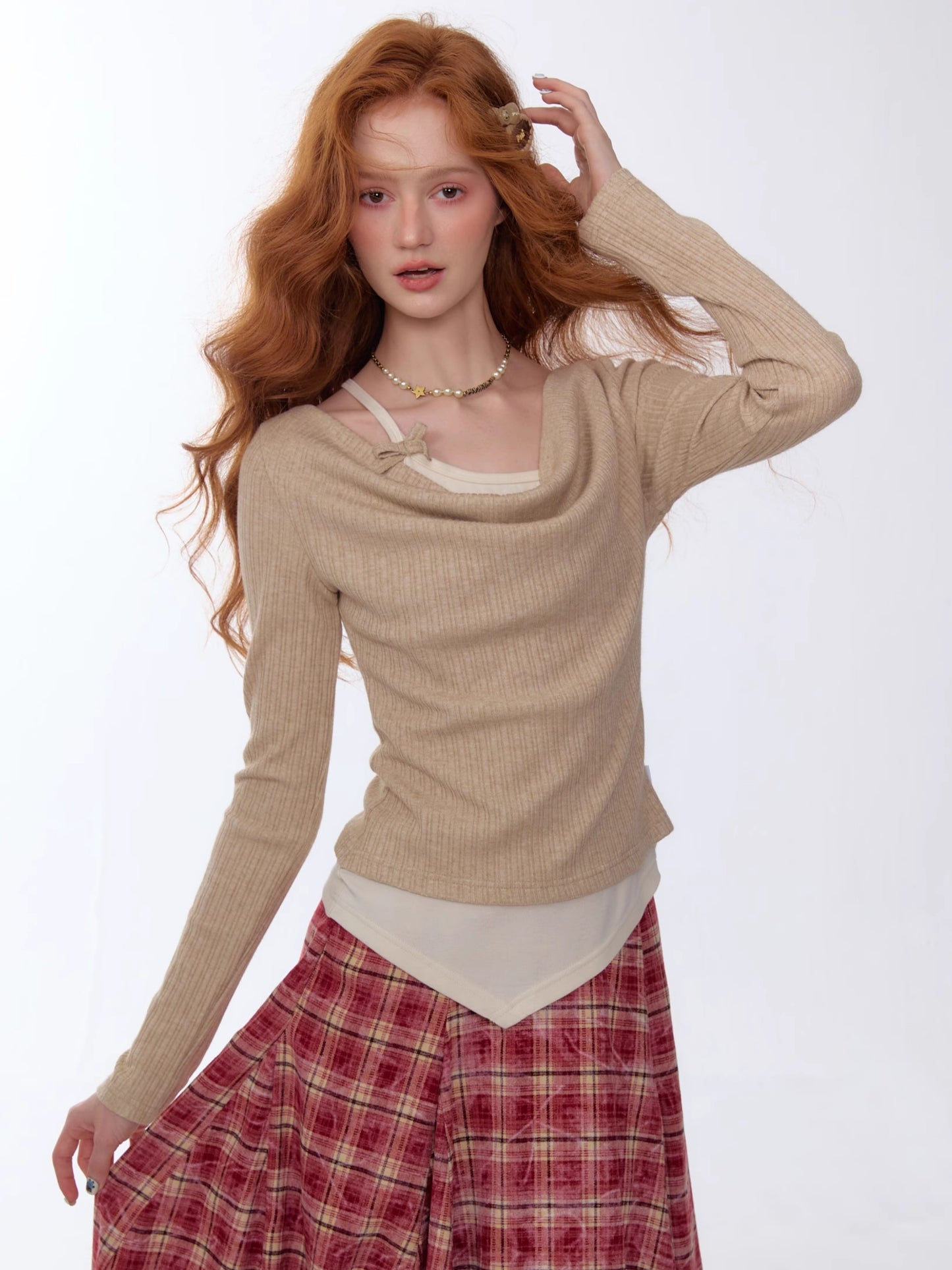 ZiziFei - Draped Mock Layered Long Sleeve Top – Soft Knit Two-Tone Design