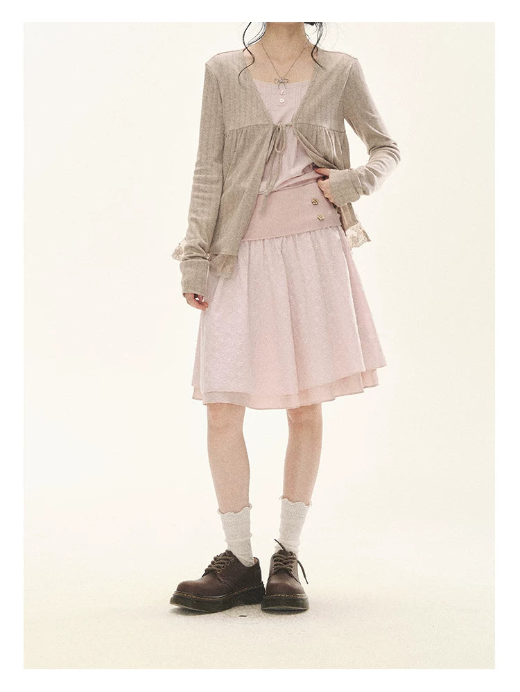 "Roasted Tea Heart" Milk Tea Faux-Layer Lace Cardigan & Skirt Set