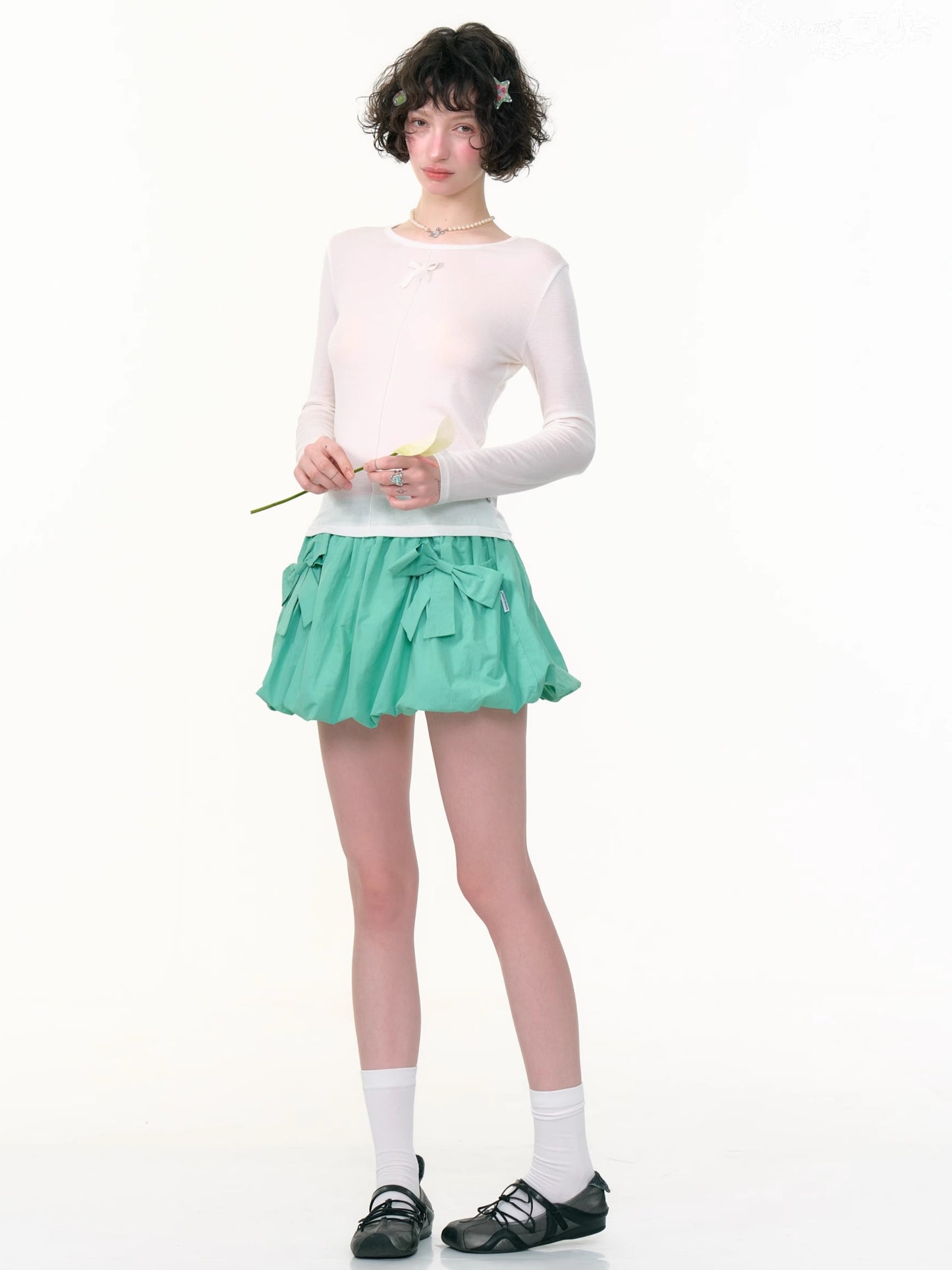 ZiziFei - Y2K High-Waisted Bubble Mini Skirt – Bow Detail A-Line Skirt in Green & Navy
