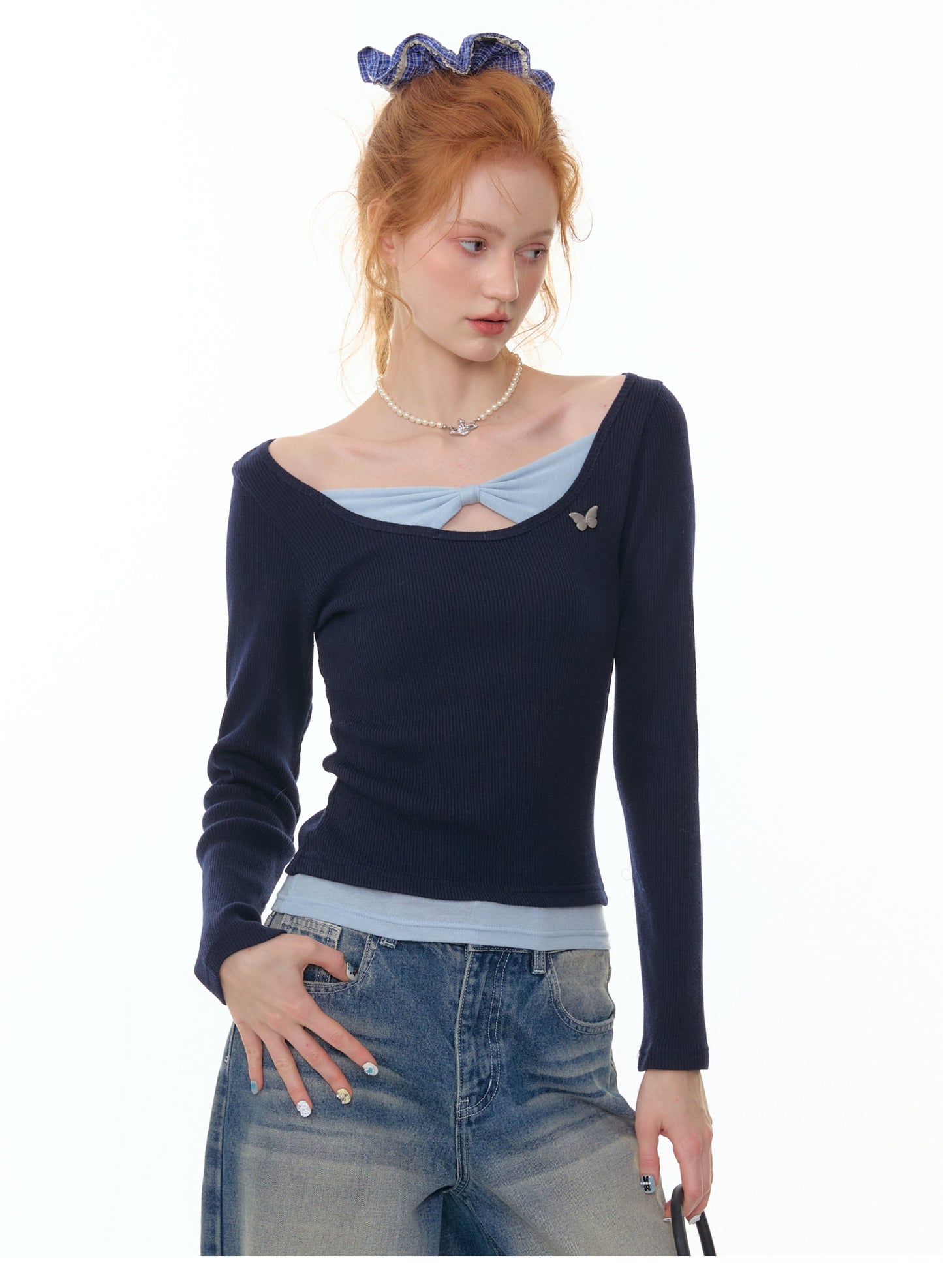 ZiziFei - Double Layered Bow-Knot Contrast Knit Top