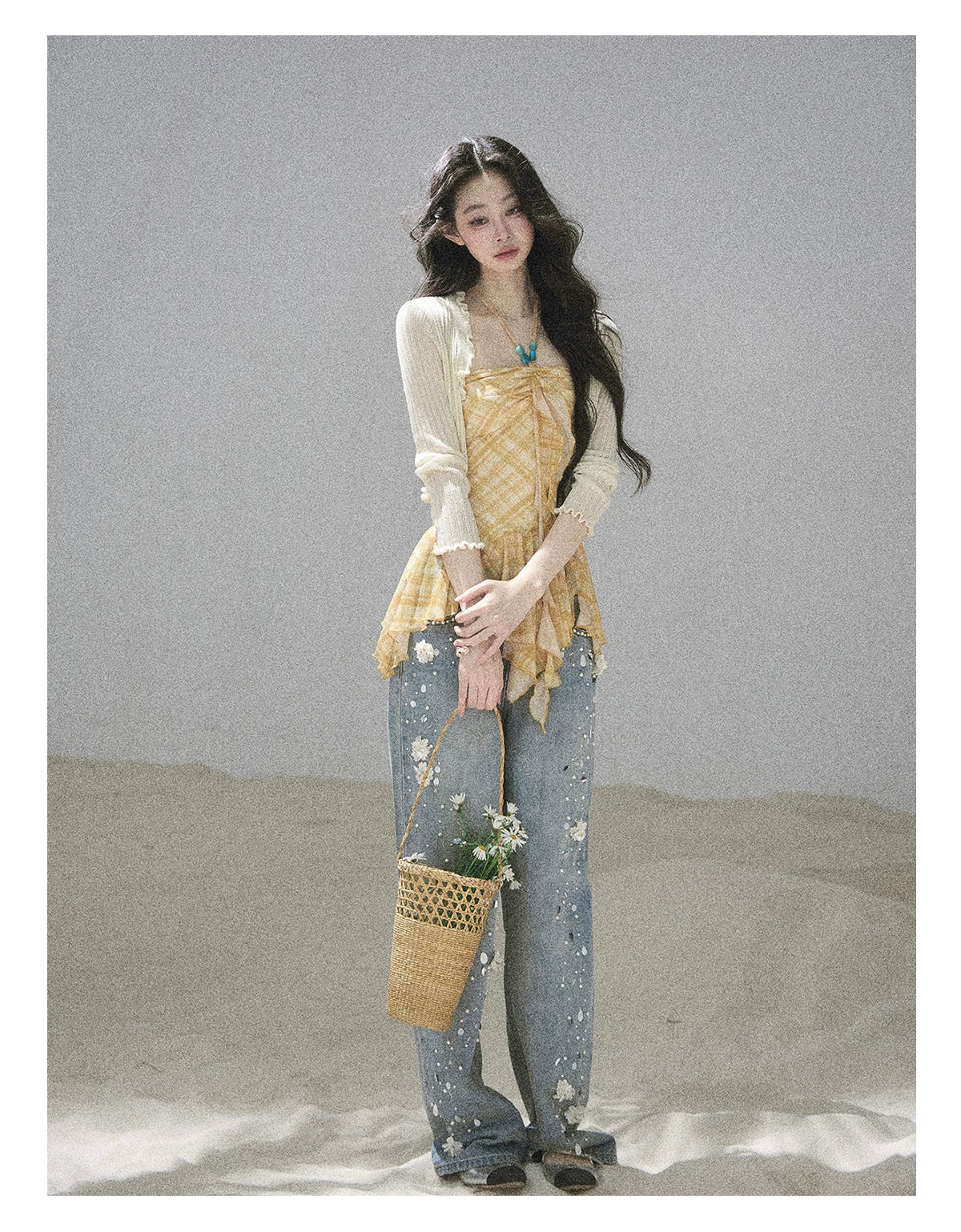 "Fields of Provence" Goose Yellow Halter Plaid Waist-Cinched Top