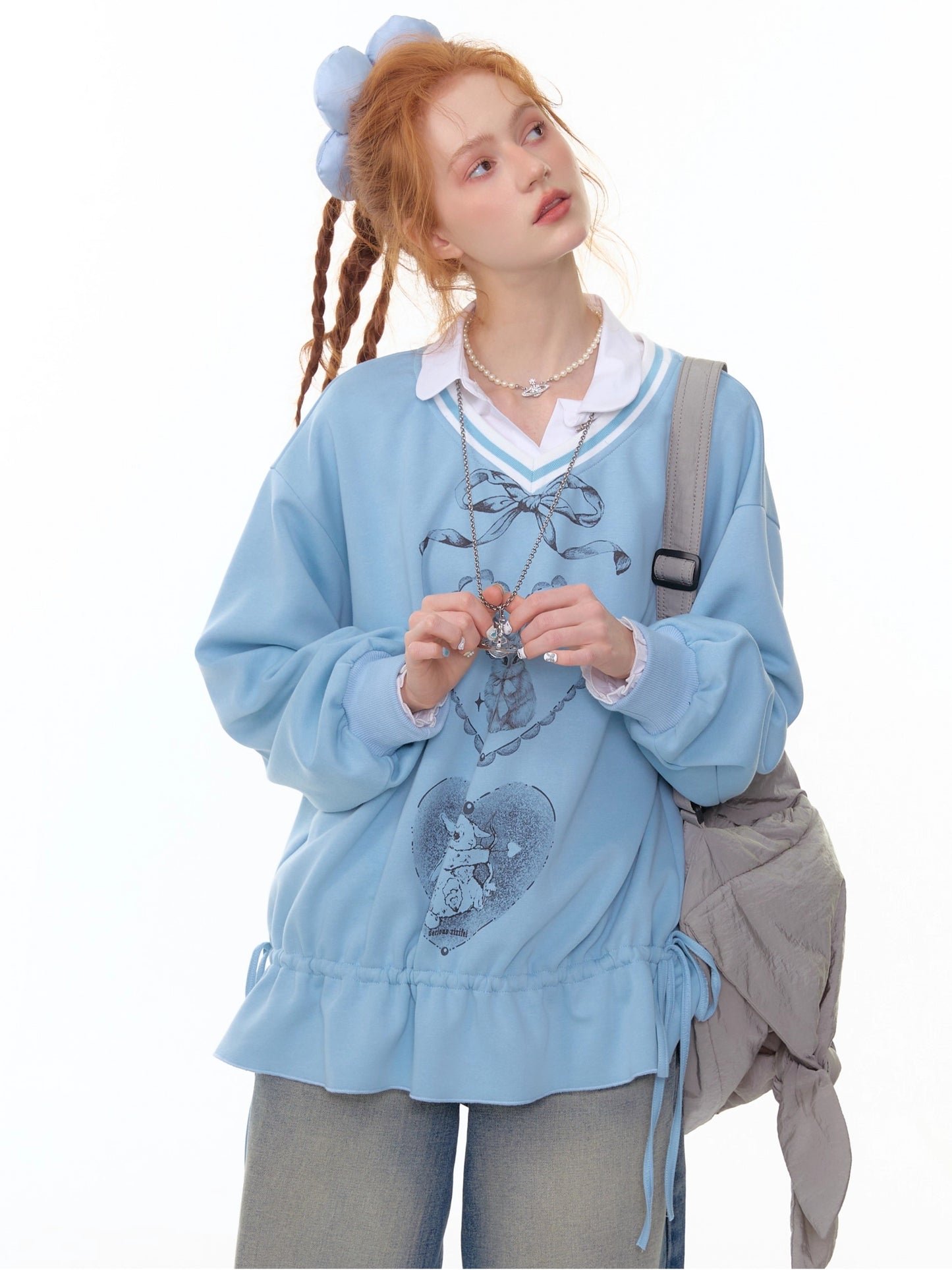 ZiziFei - Sweet Bunny Club V-Neck Sweatshirt – Ribbon & Drawstring Hem