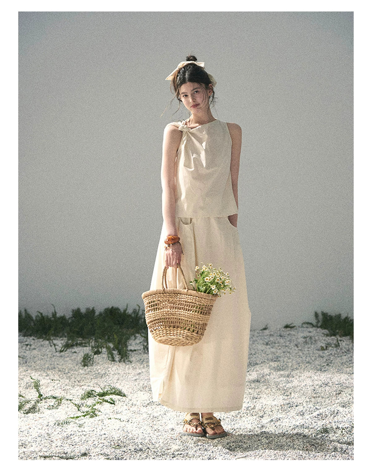 “Ivory Pleated Verse” Soft White Asymmetrical Twist Top & Skirt