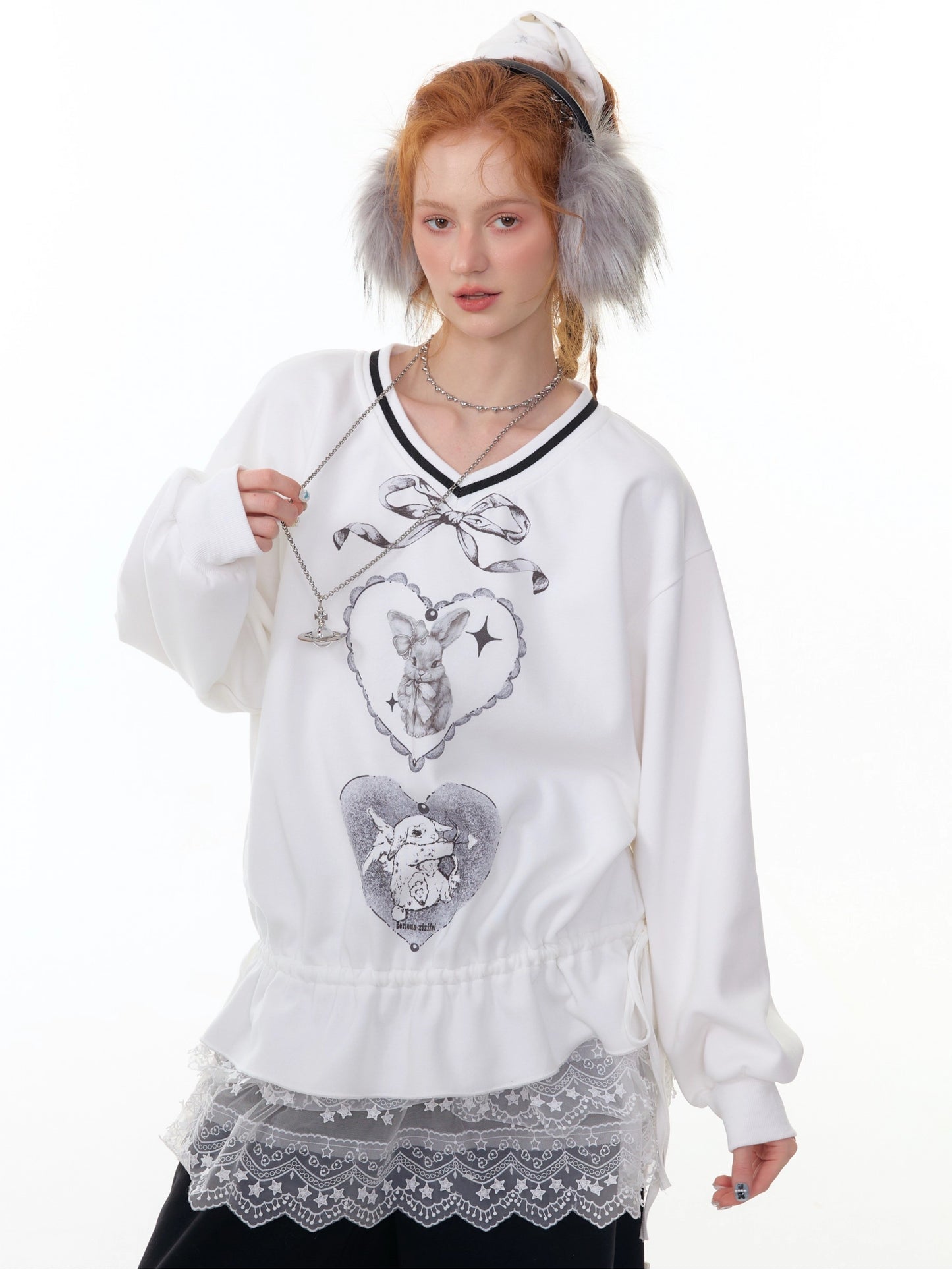 ZiziFei - Sweet Bunny Club V-Neck Sweatshirt – Ribbon & Drawstring Hem