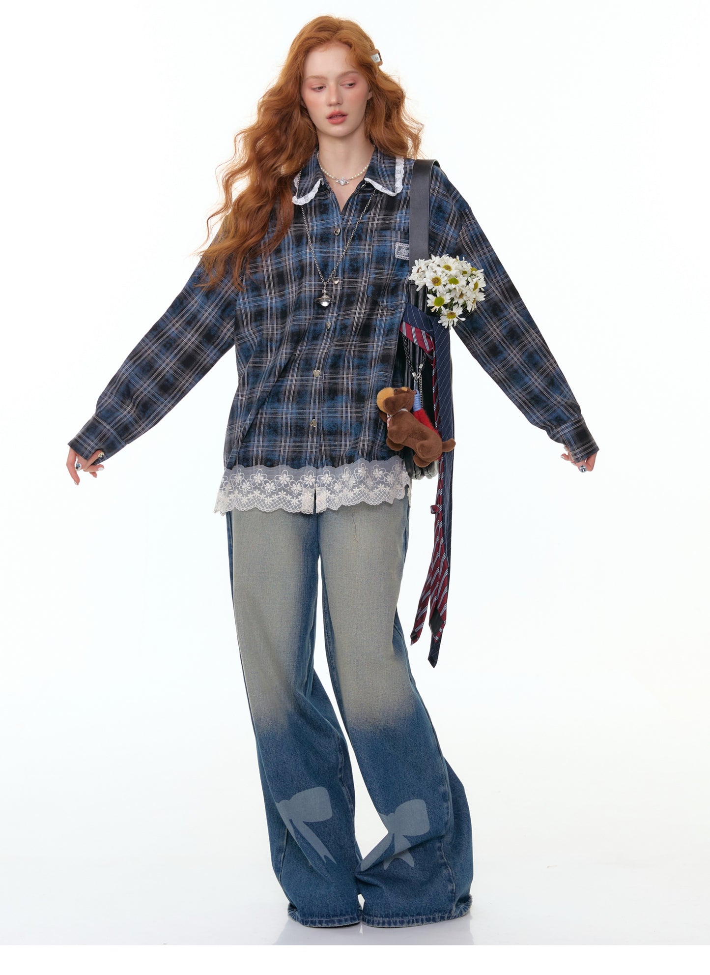 ZiziFei - Vintage-Inspired Plaid Shirt with Ruffle Lace Trim