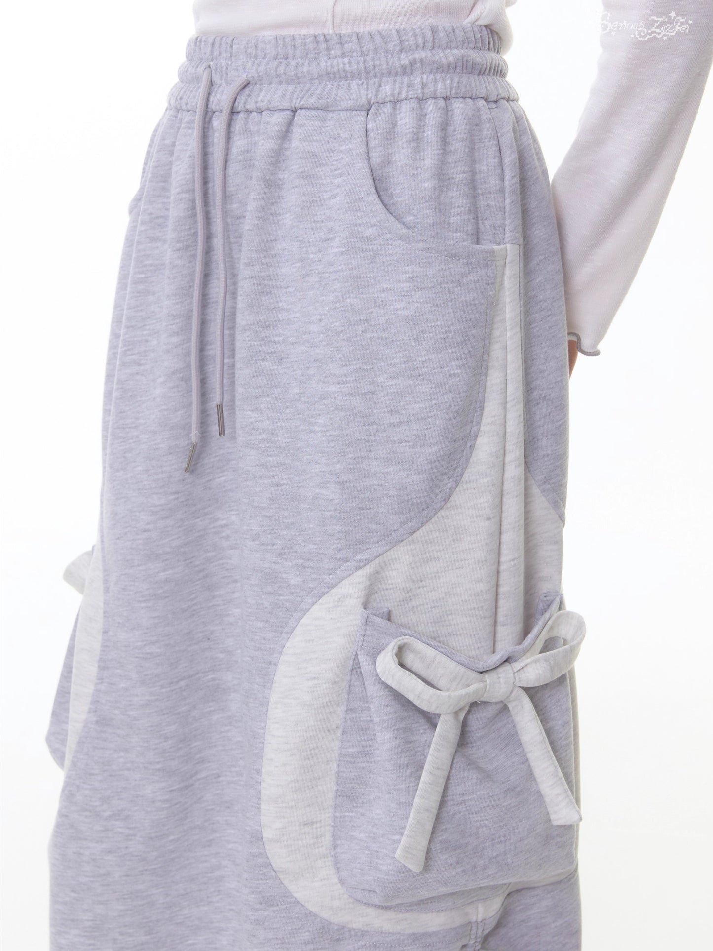 ZiziFei - Adjustable Drawstring Hem Midi Skirt – Light Grey with Bow Detail