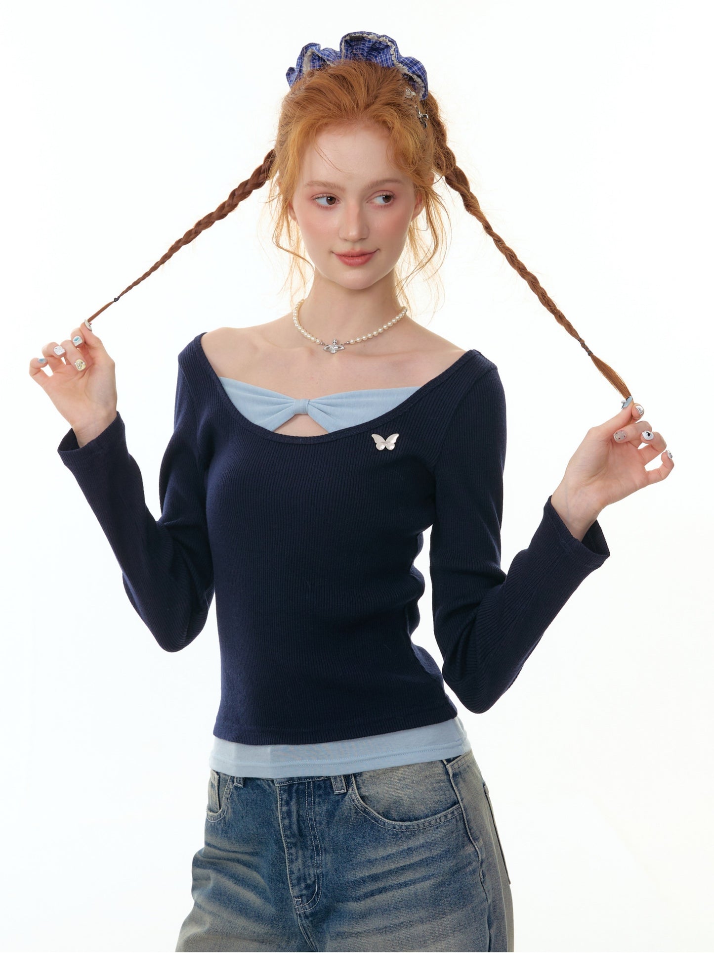 ZiziFei - Double Layered Bow-Knot Contrast Knit Top