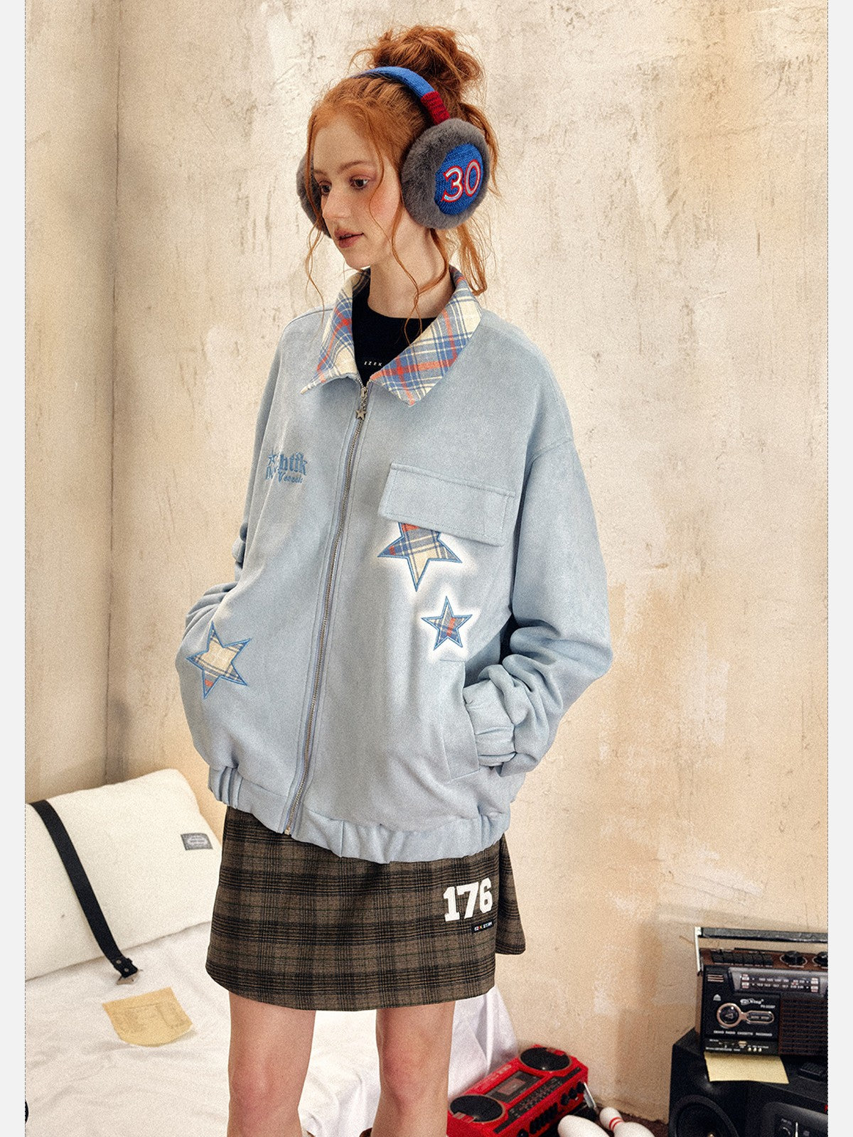 EZEK - Retro Star Embroidery Suede Zip-Up Jacket