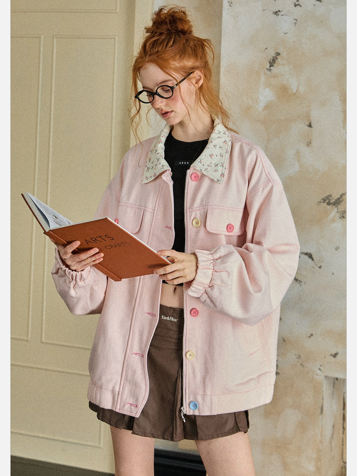 EZEK - Retro Floral Collar Oversized Denim Jacket