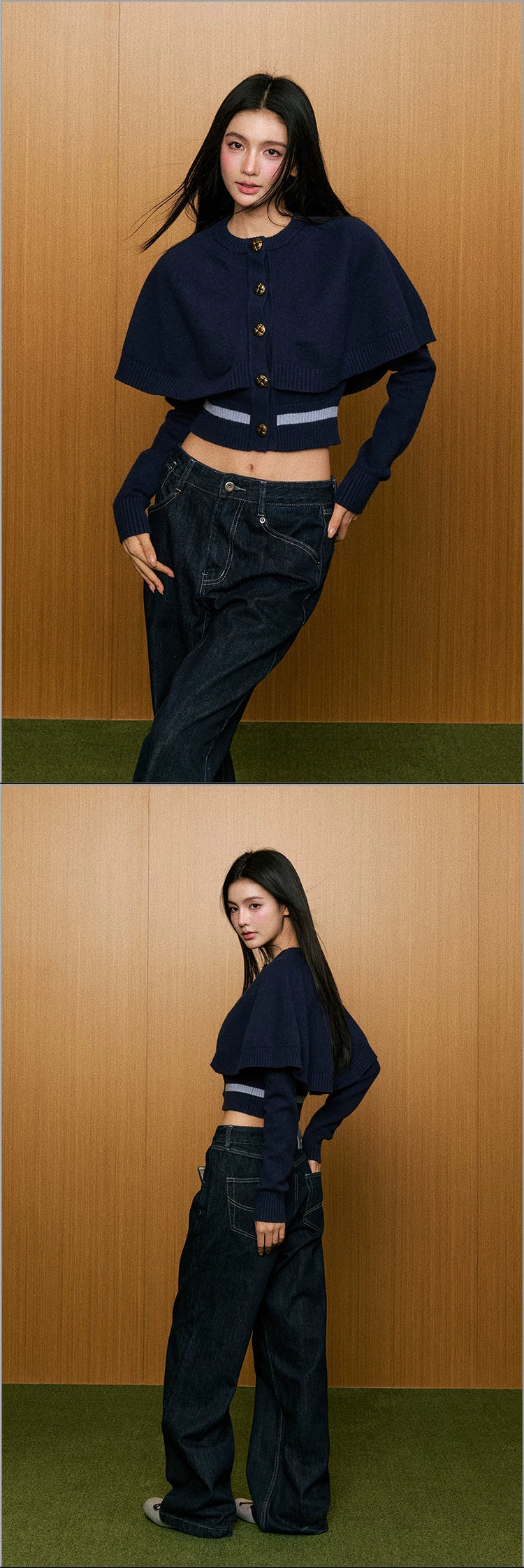 "First Bloom" Cable Knit Cape Cardigan (Ivory/ Navy)