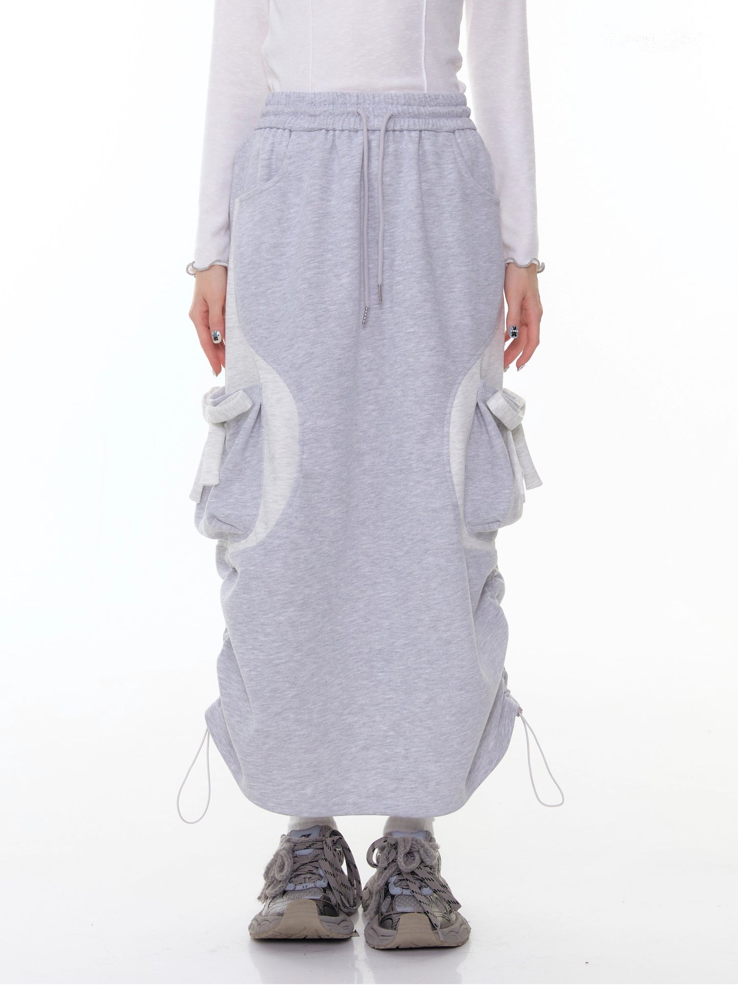 ZiziFei - Adjustable Drawstring Hem Midi Skirt – Light Grey with Bow Detail