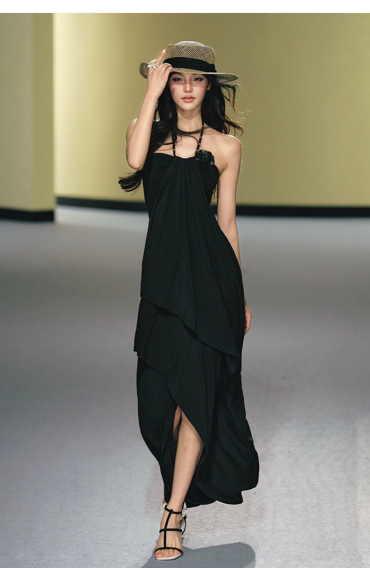 "Moonlit Reverie" Halter Layered Maxi Dress (Black/ Blush Pink)