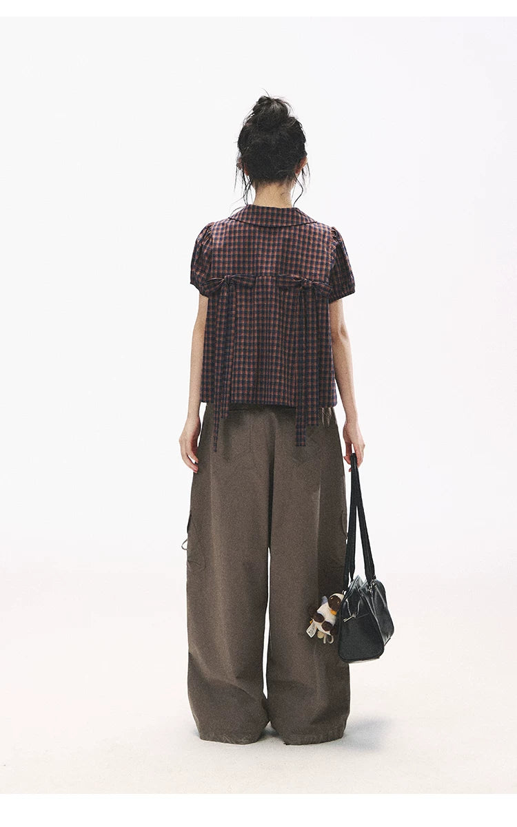 "Retro Plaid Sweetheart" Navy Orange Check Cotton Peter Pan Collar Blouse