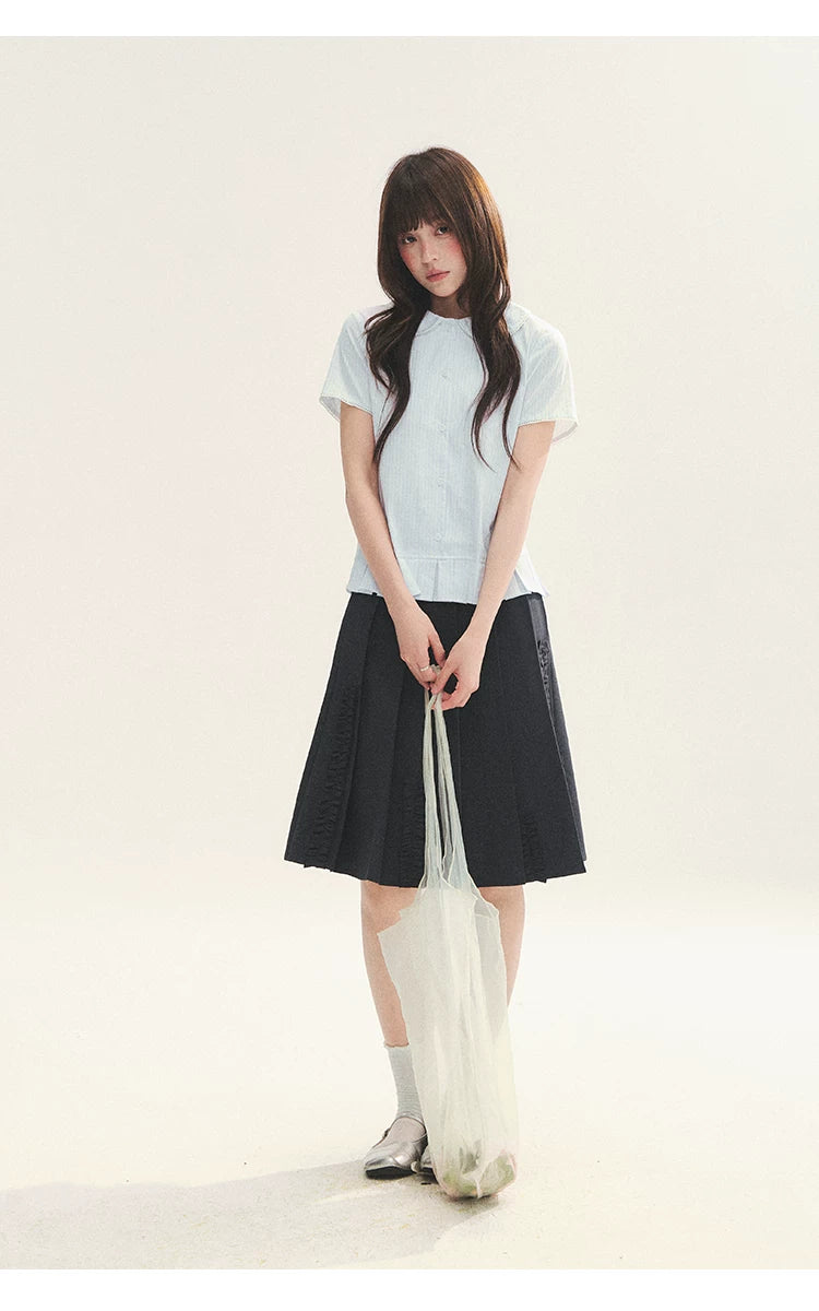 "Citrus Sea Salt" Stripe Lace Peter Pan Collar Pleated Shirt (White Blue / Blue White)