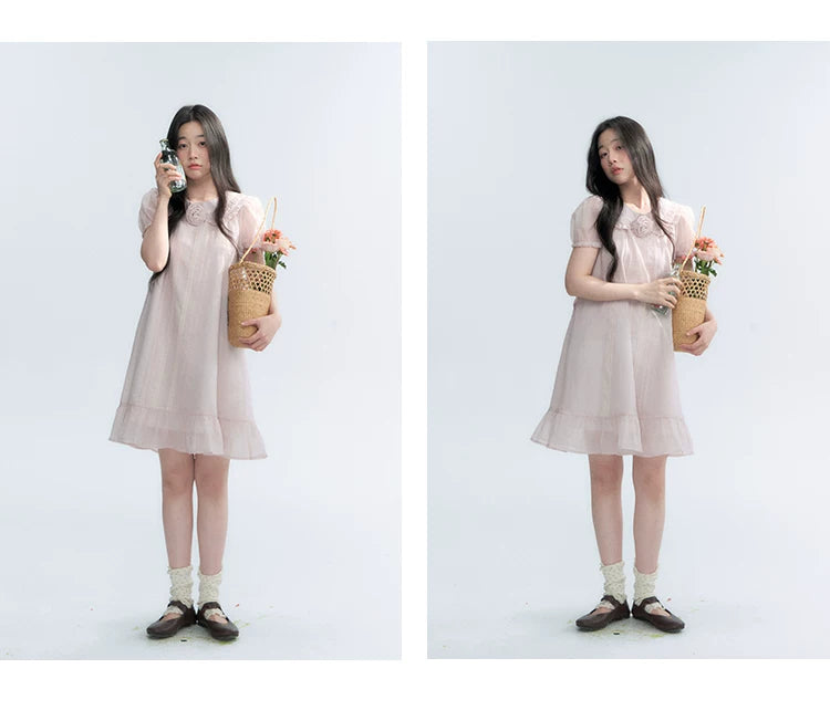 "Misty Wild Rose" Detachable Rose Lace Trim Puff Sleeve Midi Dress